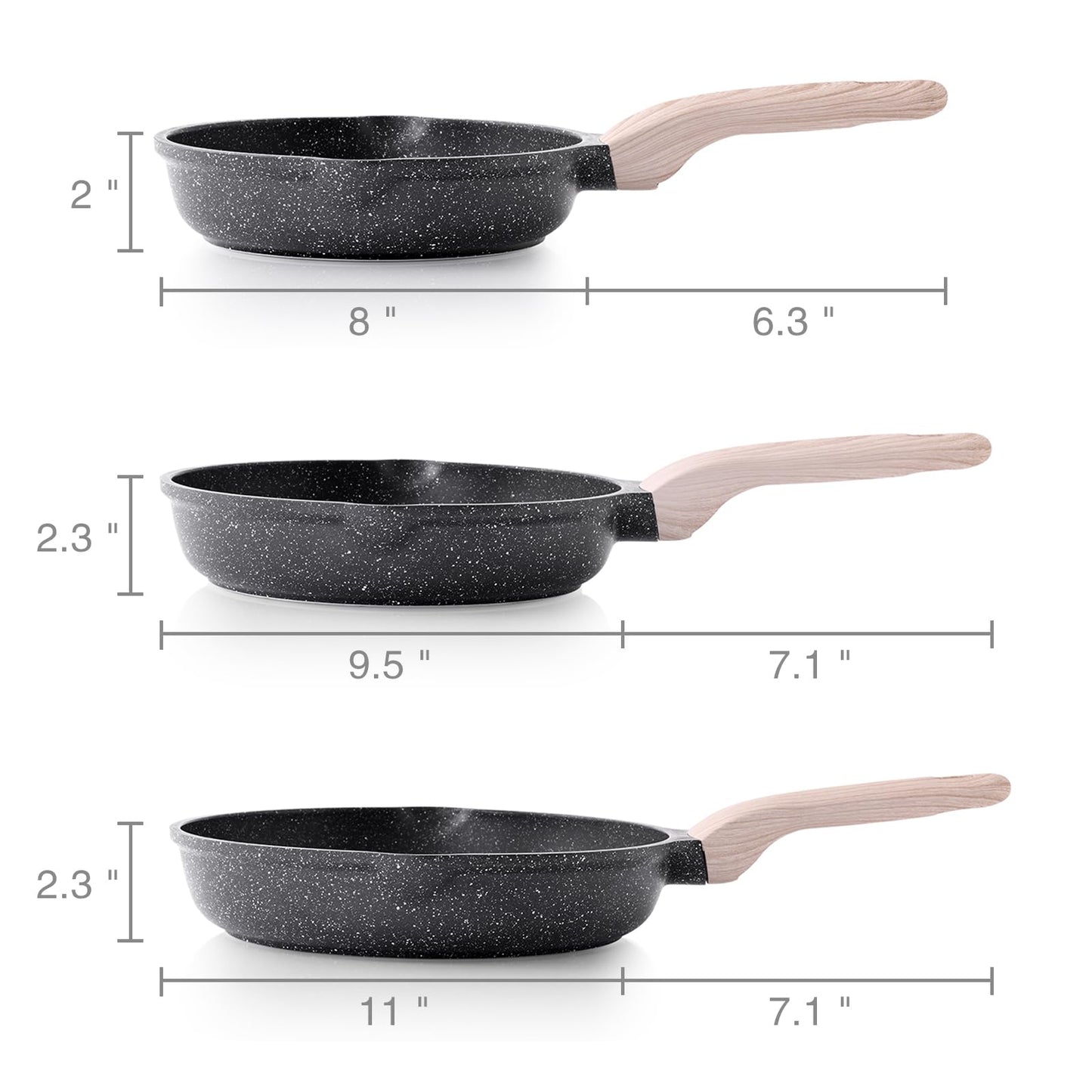 Kordisen Non Stick Frying Pans Set, 3 Piece Skillets and Frying Pans Nonstick, Healthy Induction Cookware for Cooking, Stay-Cool Handle, PFOA Free (8, 9.5, 11 Inch)