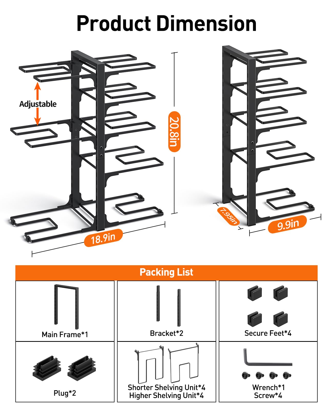 ORDORA Pots and Pans Organizer under Cabinet, 20.8" Height Heavy Duty 120LBS Pots Pans Organizer Rack for under Cabinet 8-Tier Adjustable for Big Stockpots, Dutch Oven, Cast-iron Pans, Heavy Cookware