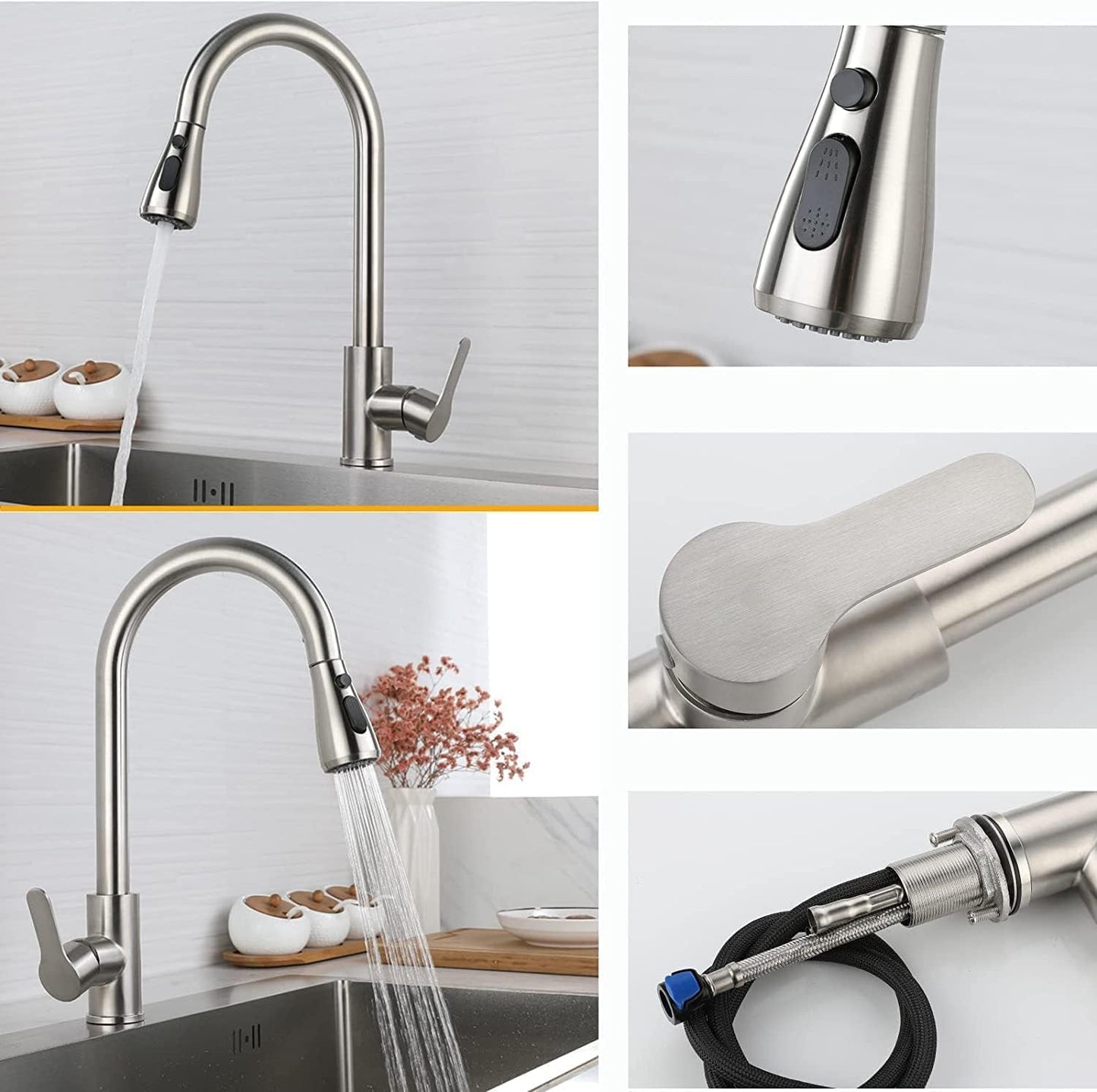 LKUWEE Kitchen Faucet, Stainless Steel 360° Swivel Kitchen Sink Faucets, Hot and Cold Water Kitchen Tap Pullout Sink Faucet with 2 Hoses, Brushed Nickel