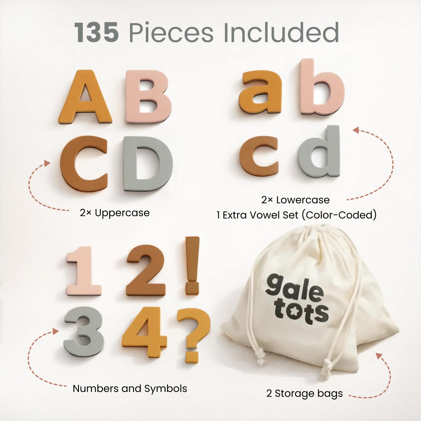 Gale Tots Aesthetic Magnetic Letters and Numbers -135 Pcs Alphabet Magnets in Soft Colors - Alphabet Learning for Toddlers - Fridge Magnets for Toddlers - Pastel Neutral Toys