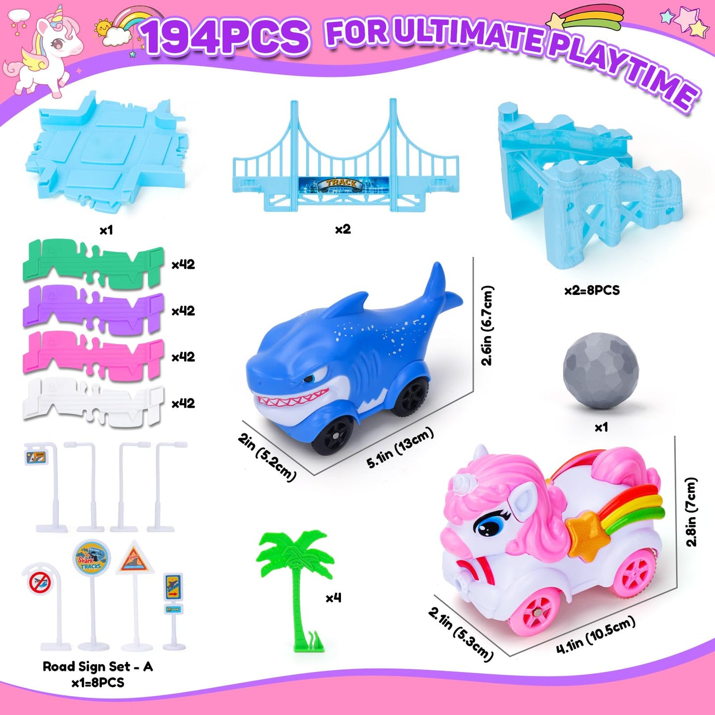 Race Track Toys for 3 4 5 Year Old Girls: Shark & Unicorn Gifts for Girls Kids Toys Age 4 5 6, Flexible Car Tracks Train Set Toddler Toy for 3 4 5 6 Year Old Girl Gifts Birthday Cadeau (194PCS)