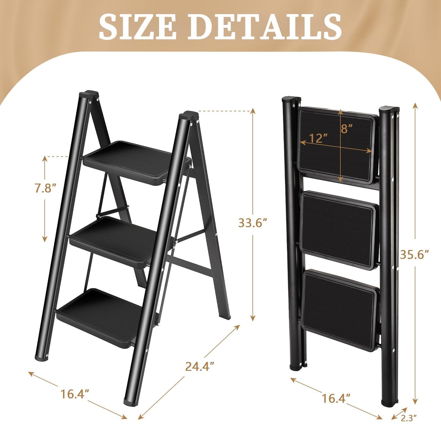 HBTower 3 Step Ladder Folding Step Stool, 330 Lbs Capacity Step Stool for Adults, Closet Step Stool Ladder with Anti-Slip Wide Pedals Household Office, Black