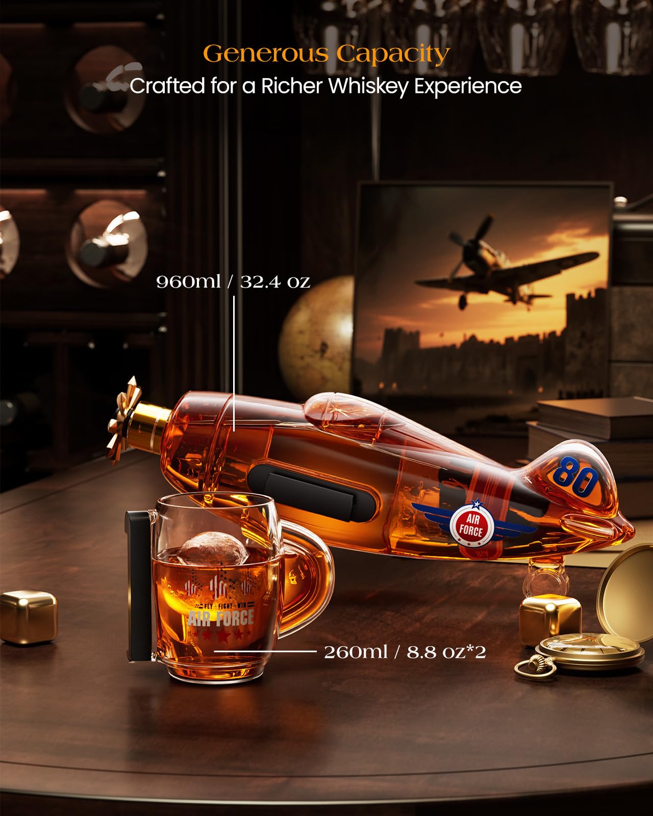 Birthday Gifts for Men Dad, Kollea Fighter Aircraft Whiskey Decanter Set with Whiskey Glasses, Cool Anniversary Fathers Gift Ideas for Him Husband Brother, Funny Military Present, Bar Drinking Party