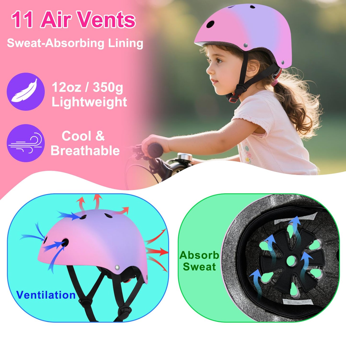 Hanstre Kids Bike Helmet Toddler Helmet Ages 3-5-8-14 Boys Girls Lightweight Adjustable Helmet for Bicycle Skateboarding Roller Skating Scooter Pink Purple