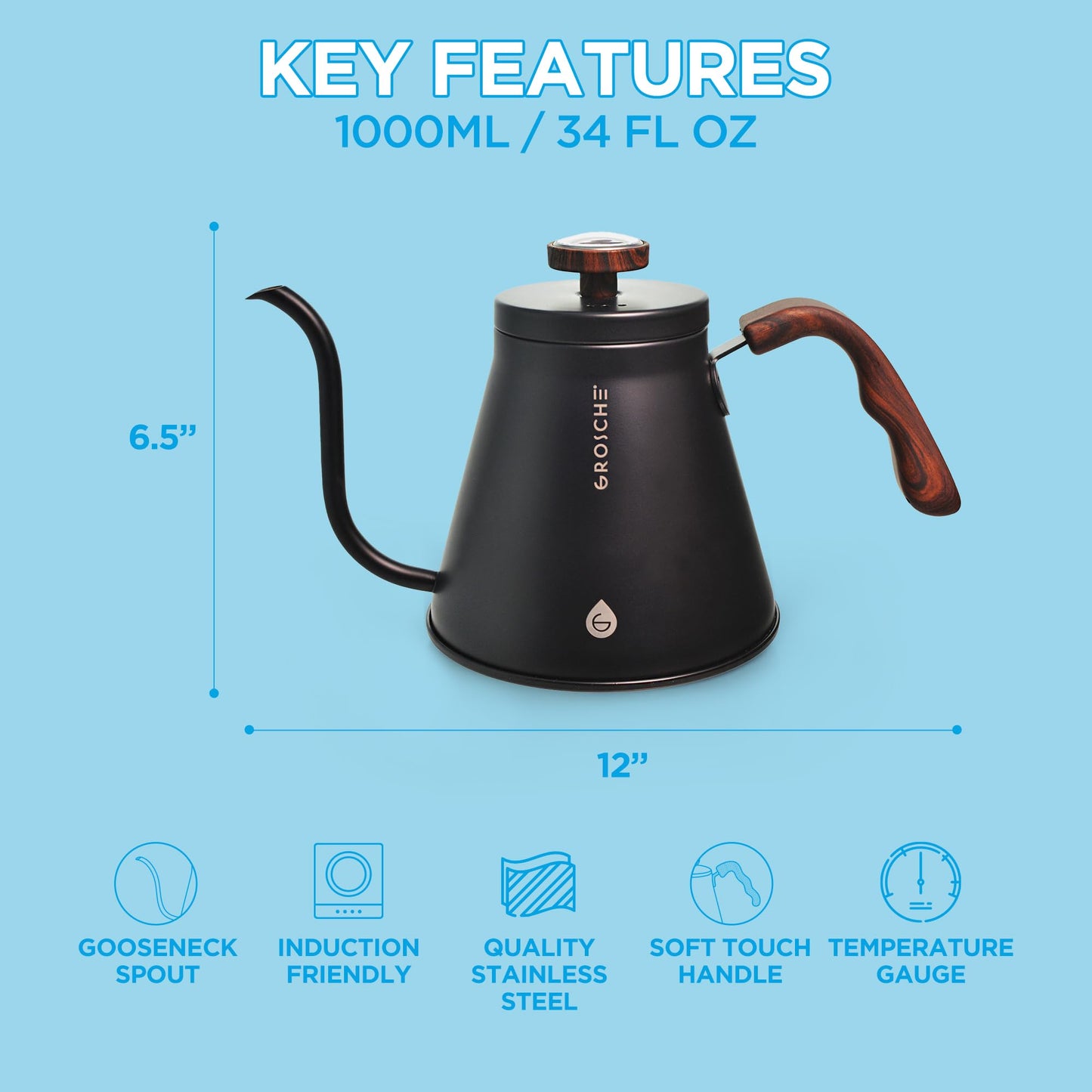 GROSCHE Marrakesh Gooseneck Kettle Stovetop - Stainless Steel Pour Over Coffee Kettle Stovetop, Tea Kettle, Stovetop Gooseneck Kettle, Coffee & Tea Kettle, Canadian Brand! - 34 fl. oz, Black