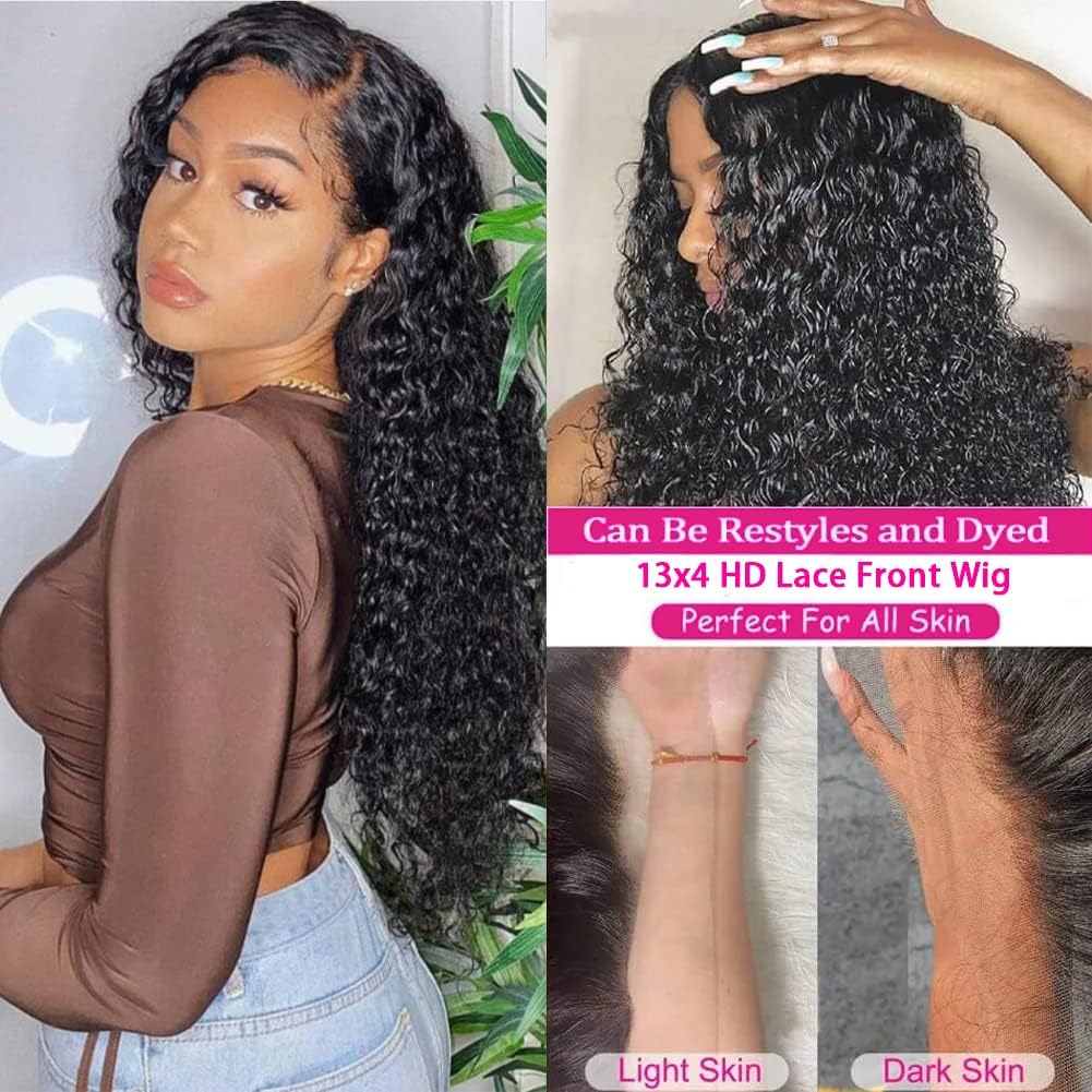 Water Wave Lace Front Wigs Human Hair Wigs for Women 14 Inch 13x4 HD Lace Frontal Wigs Human Hair Pre Plucked 150% Density Wet and Wavy Curly Lace Front Wigs Human Hair Natural Color