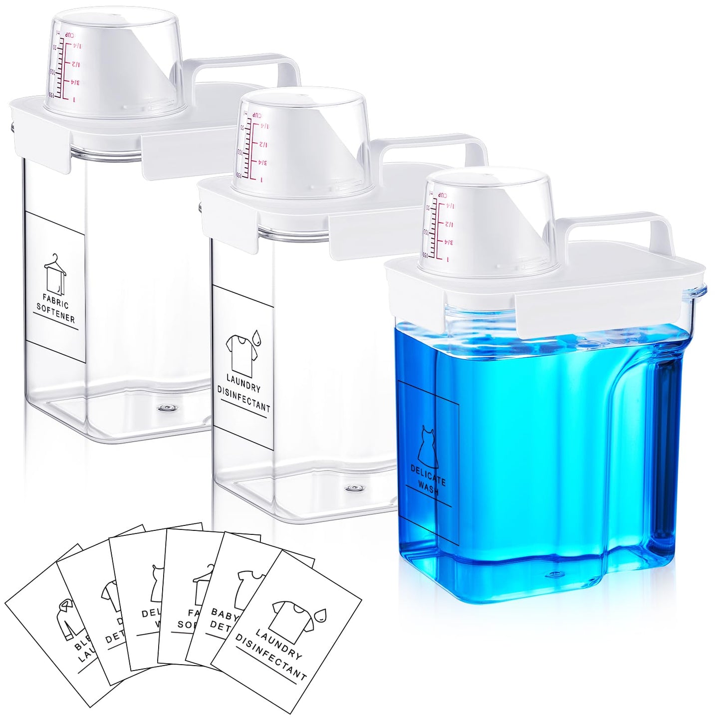 Tatuo 3 Pack Laundry Detergent Dispenser 68 oz Clear Liquid Container with 6 Removable Labels, Fabric Softener Pet Plastic Detergent Dispenser for Laundry Room Organization and Storage