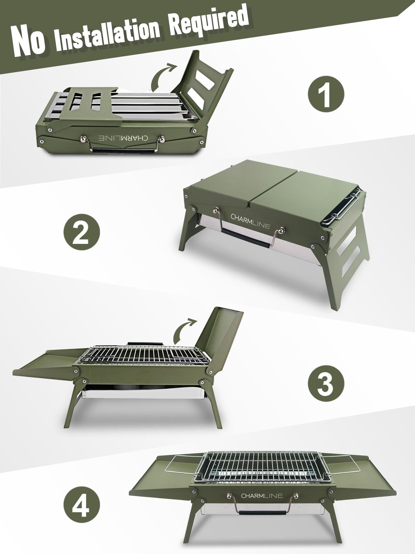 Charmline 35 x 23cm Small Foldable Portable Grill Charcoal, Compact Portable Grill, Desktop Charcoal Grill, BBQ Grill for Camping, Picnics, Gardens and Beach Parties, Green