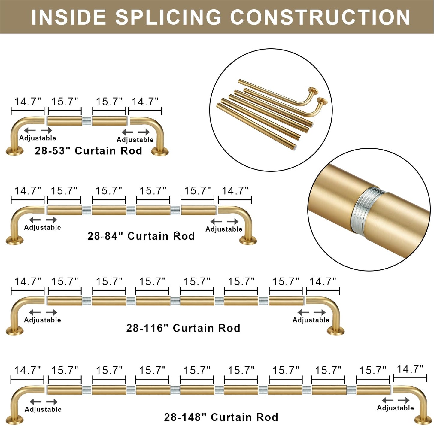 Curtain Rods for Windows, 28 to 148 Inches Wrap Around Heavy Duty Drapery Rod, 1" Wall Mounted Ceiling Mounted Curved Blackout Room Darkening Curtains Rod for Bedroom Kitchen Window, Brushed Gold