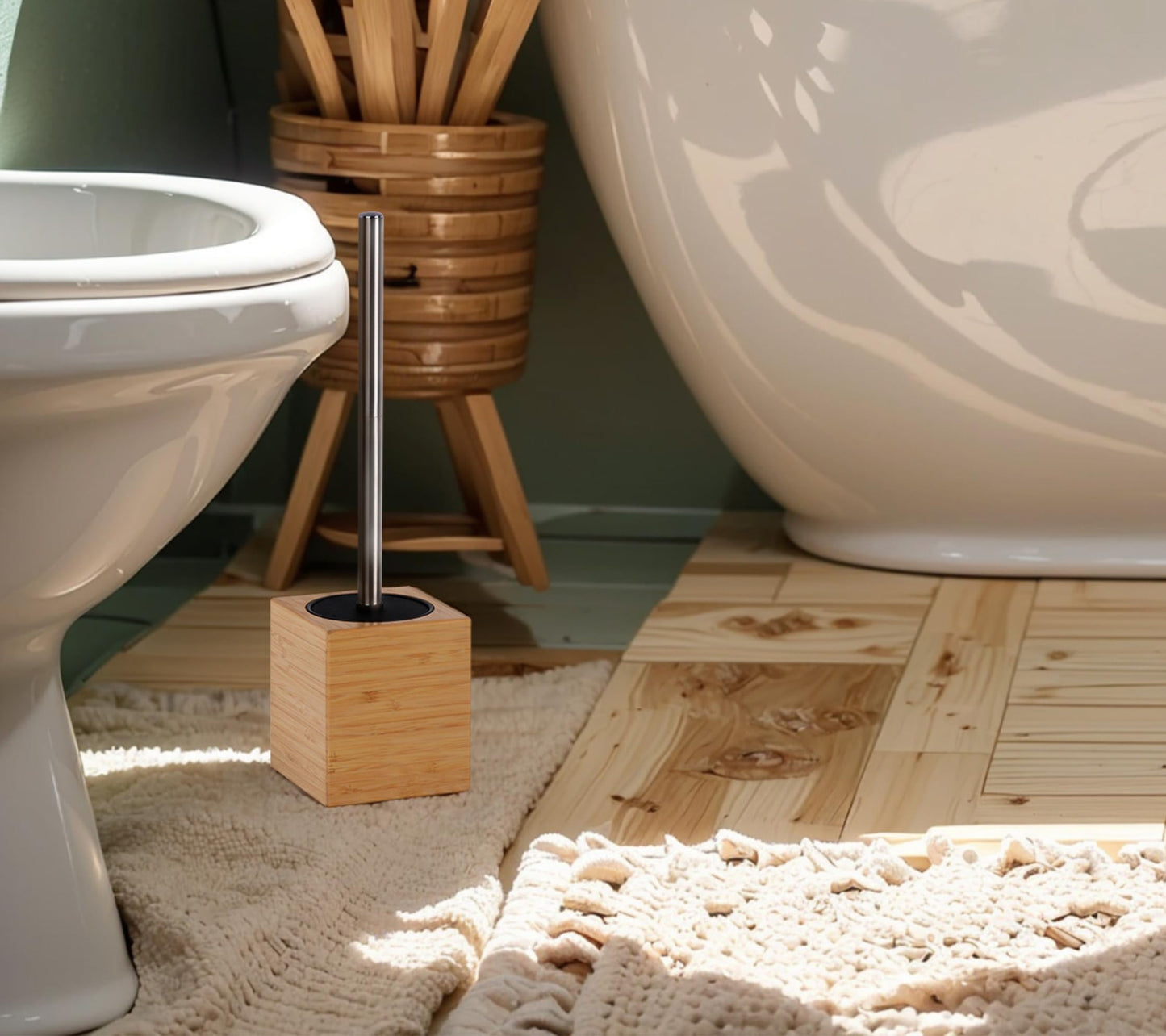 Clasin Home Toilet Bowl Brush Holder with Bamboo and Stainless Steel for Durable Use, Toilet Scrubber Brush with Long Handle for Easy Deep Cleaning, Compact Hidden Bathroom Toilet Cleaner Brush Set