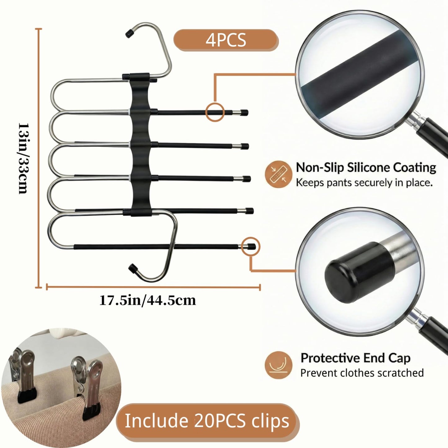 Pants Hangers Space Saving, 5 Tier Jeans Hanger for Closet, Black Multiple Heavy Duty Stainless Steel Pant Rack for Trousers, Legging with 10 Clips (4 Pack)