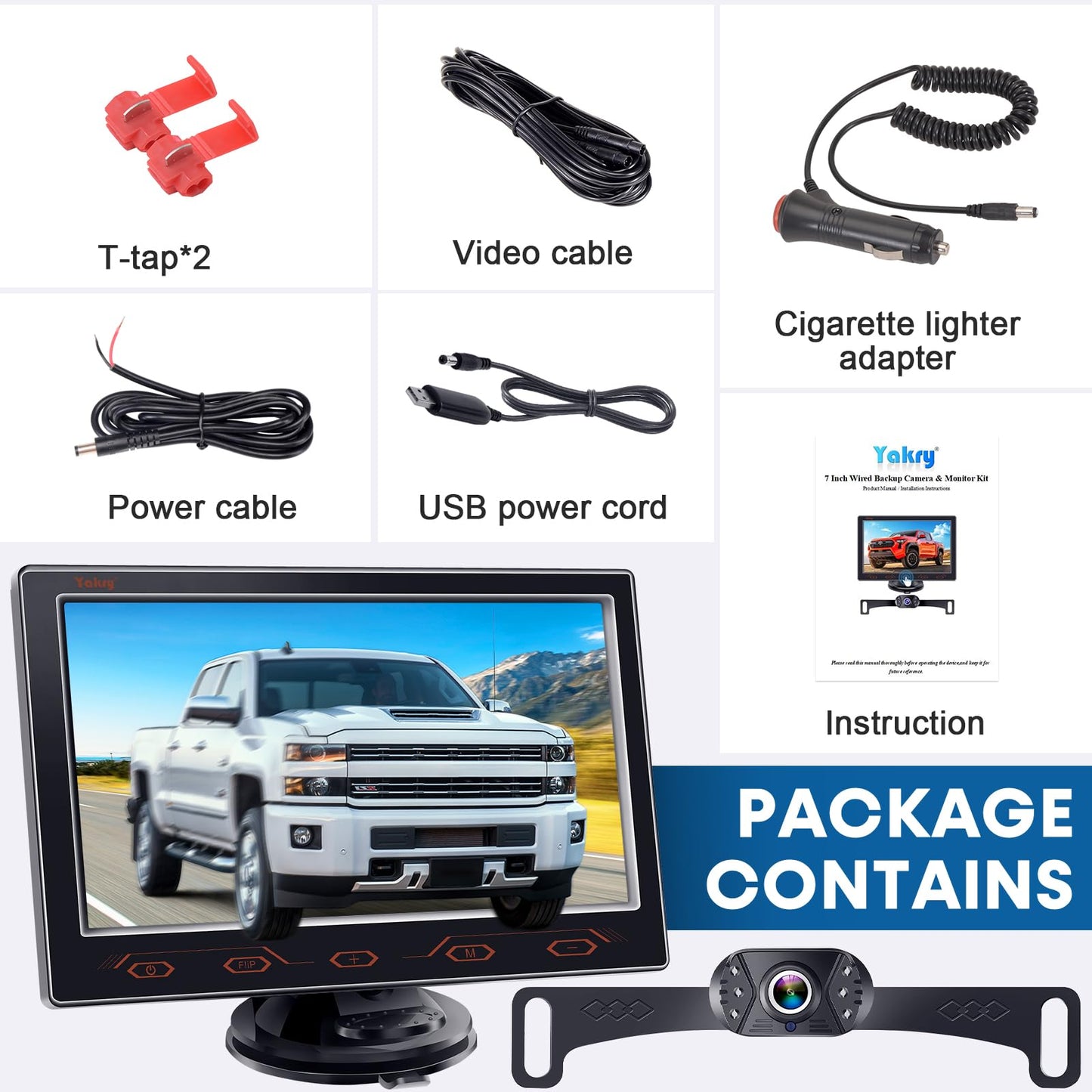 7-Inch Backup Camera for Car, Truck, SUV - HD 1080P Rear View System, IP69K Waterproof, Night Vision, 150° Wide Angle, Easy Installation by Yakry