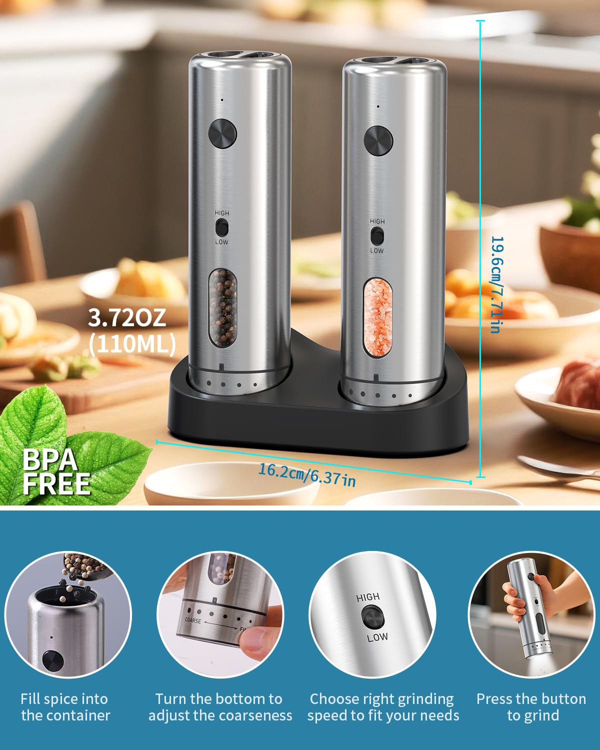 CIRCLE JOY Electric Salt and Pepper Grinder Set with Charging Base, USB Rechargeable Stainless Steel Spice Grinder Salt Mill, 2 Grinding Speeds, External Adjustment and 110ml Container