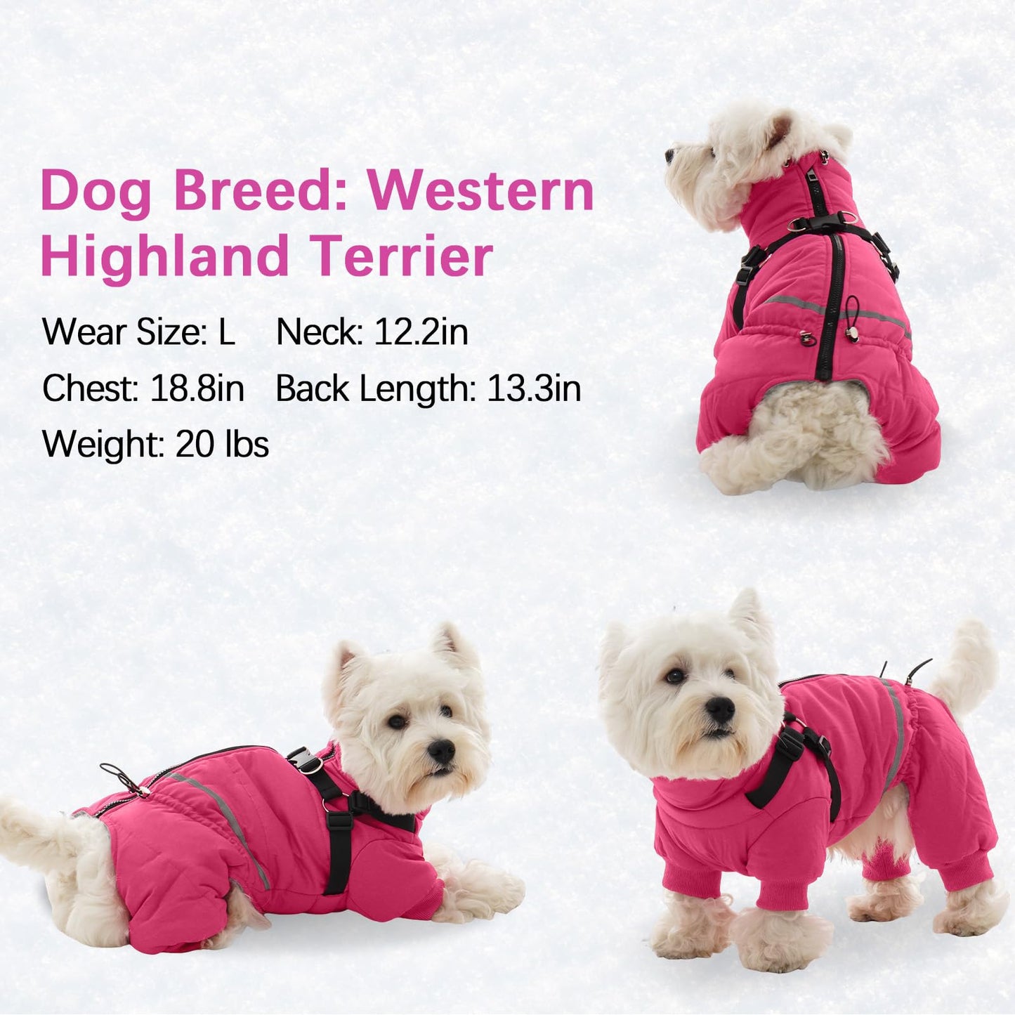 BRKURLEG Dog Winter Coat with Harness Built in, Winter Dog Jackets for Small and Medium Dogs, Small Dogs Snowsuit Reflective Windproof Cold Weather Pet Coats, Puppy Warm Fleece Coat, Hot Pink, M