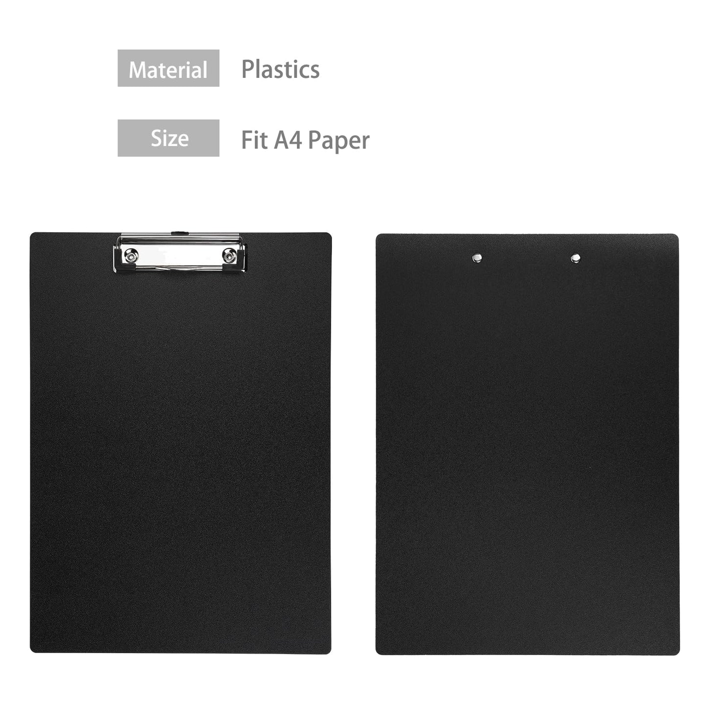 BOMKEE Black Clipboard, 10 Pack A4 Letter Size Clipboard Plastic Clipboards with Low Profile Metal Clip and Hanging Hole for Office and Home