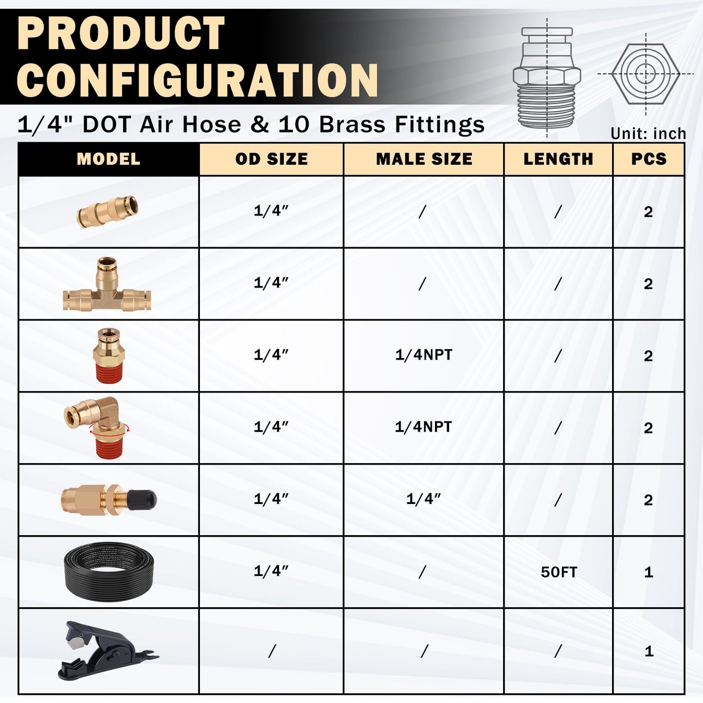 CheeMuii 50 FT DOT Air Line With Brass Fittings Kit for Air Bags Suspension - 1/4" Service Kit With Inflation Schrader Valves