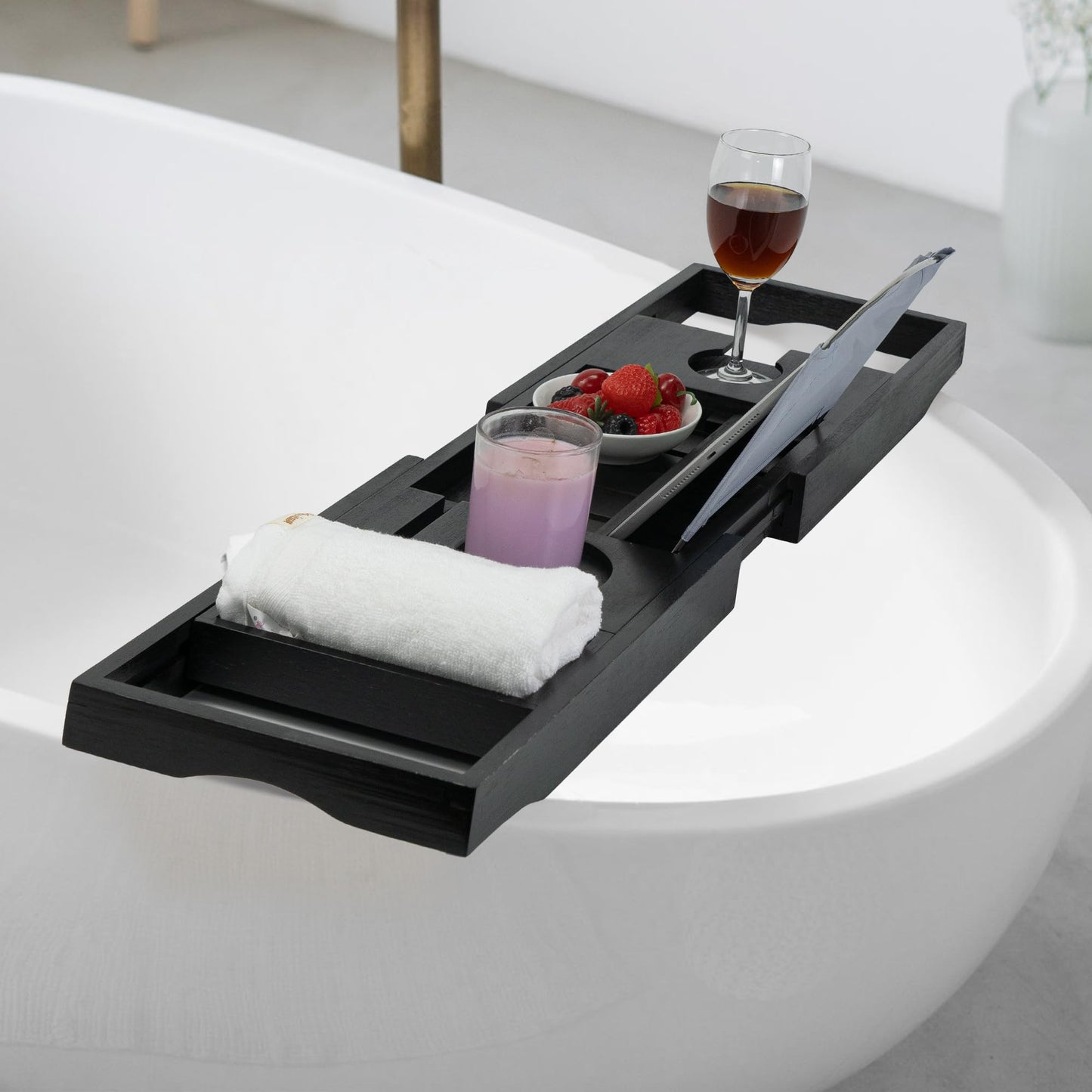Utoplike Bath Tub Tray Caddy Black, Bath Table Shelf, Bamboo Bathtub Caddy Tray for Bathtub, Expandable Bath Rack for Bathroom