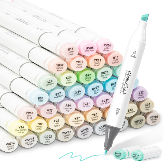 Ohuhu Alcohol Markers 48 Pastel Colors- Double Tipped Art Marker Set for Artists Adults Coloring Sketching Illustration - Chisel & Fine Dual Tips - Oahu of Ohuhu Markers - Alcohol-based