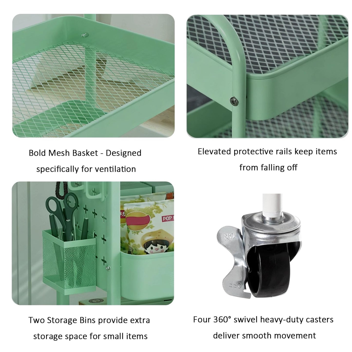3 Tier Rolling Cart Storage Organizer,Heavy Duty Mesh Rolling Storage Cart Organizer，Metal Utility Cart with Wheels Baskets Hooks Pegboards,Craft Cart for Kitchen,Bathroom,Living Room,Office（Green）