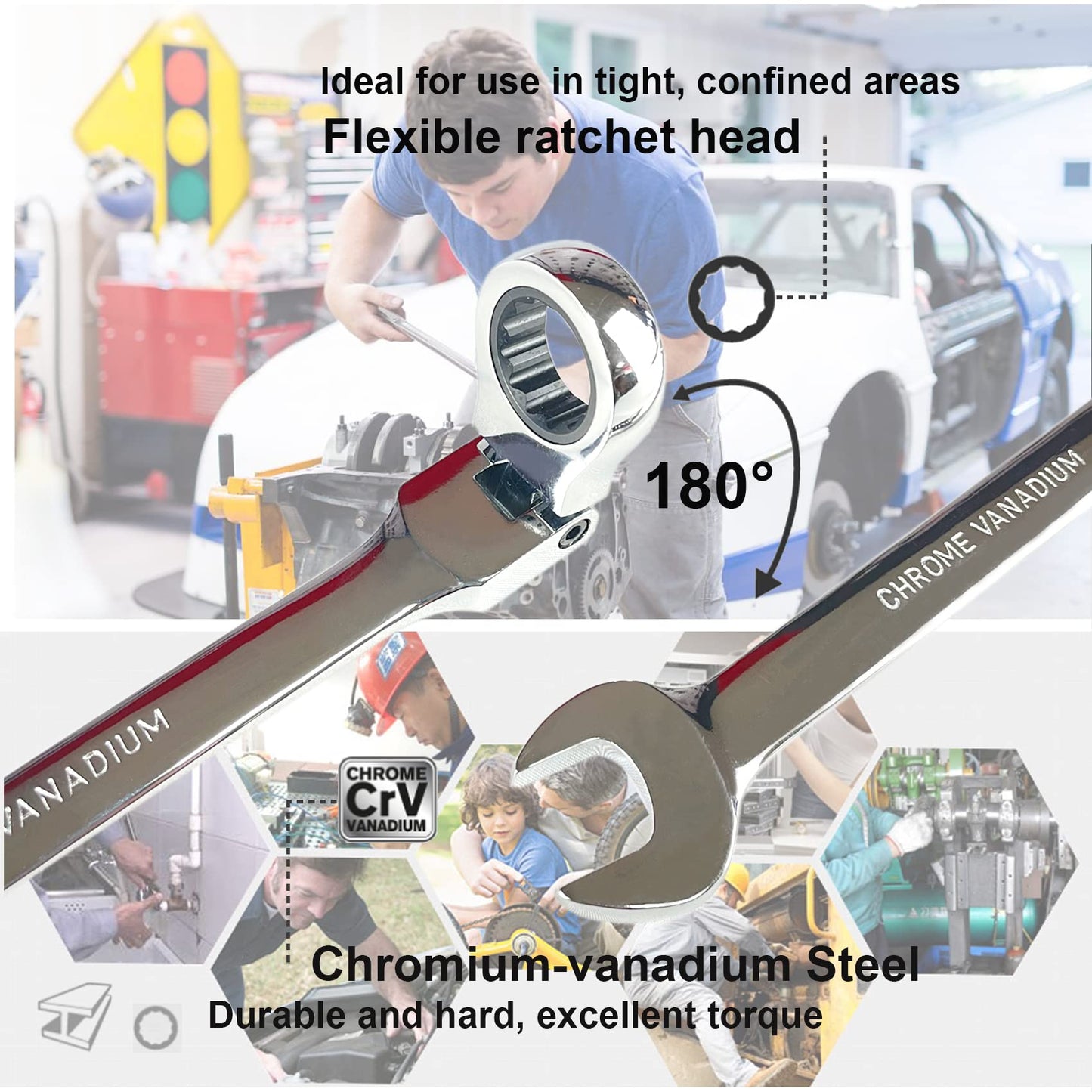 12pcs Flex Head Ratcheting Wrench Set- 8-19mm Metric Ratchet Combination Wrenches CrV Gear Spanner Set