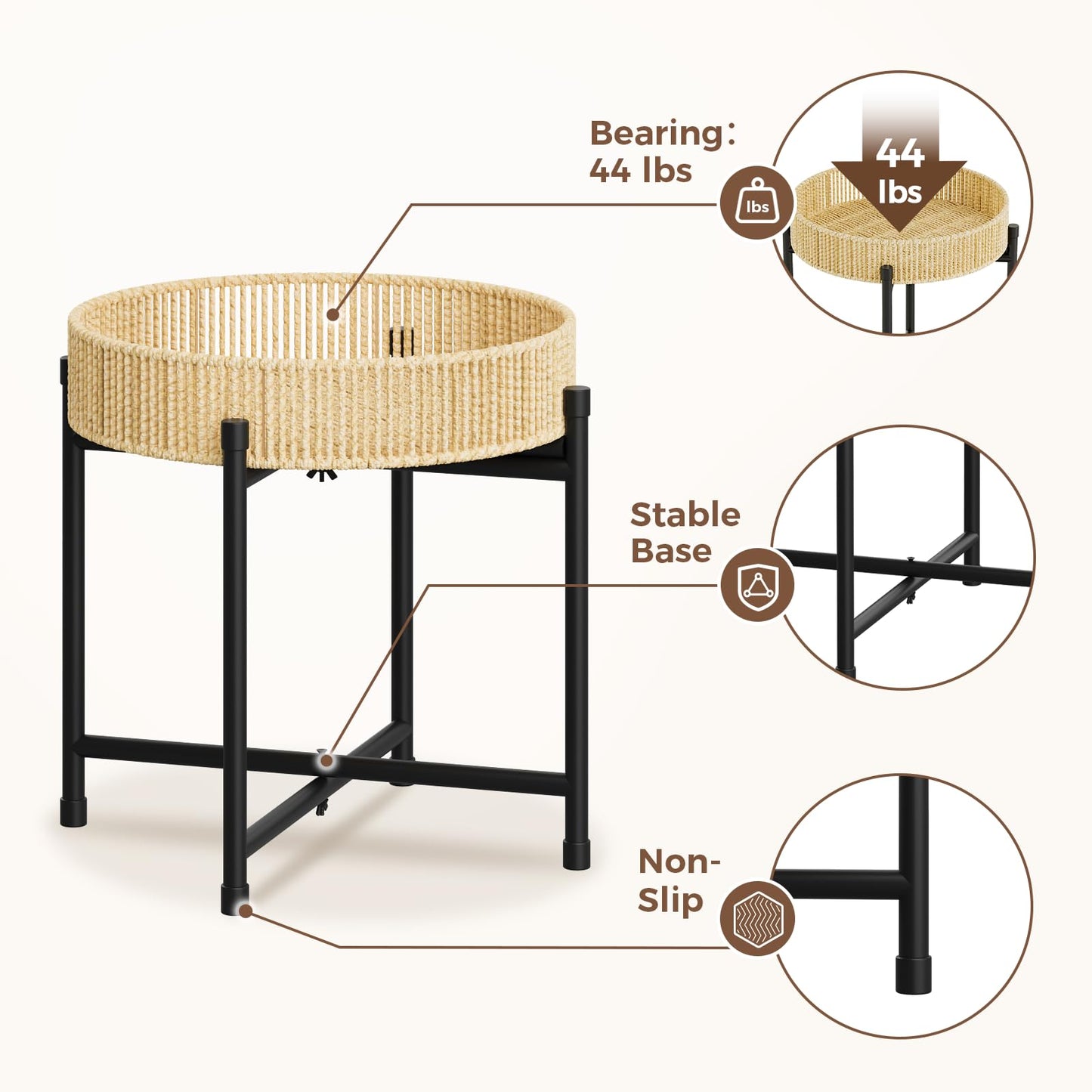 Bamworld Round Plant Stand Rattan Plant Shelf Plant Table Handwoven Rope End Table Coffee Table for for Small Spaces Elegant Flower Holder for Patio Balcony