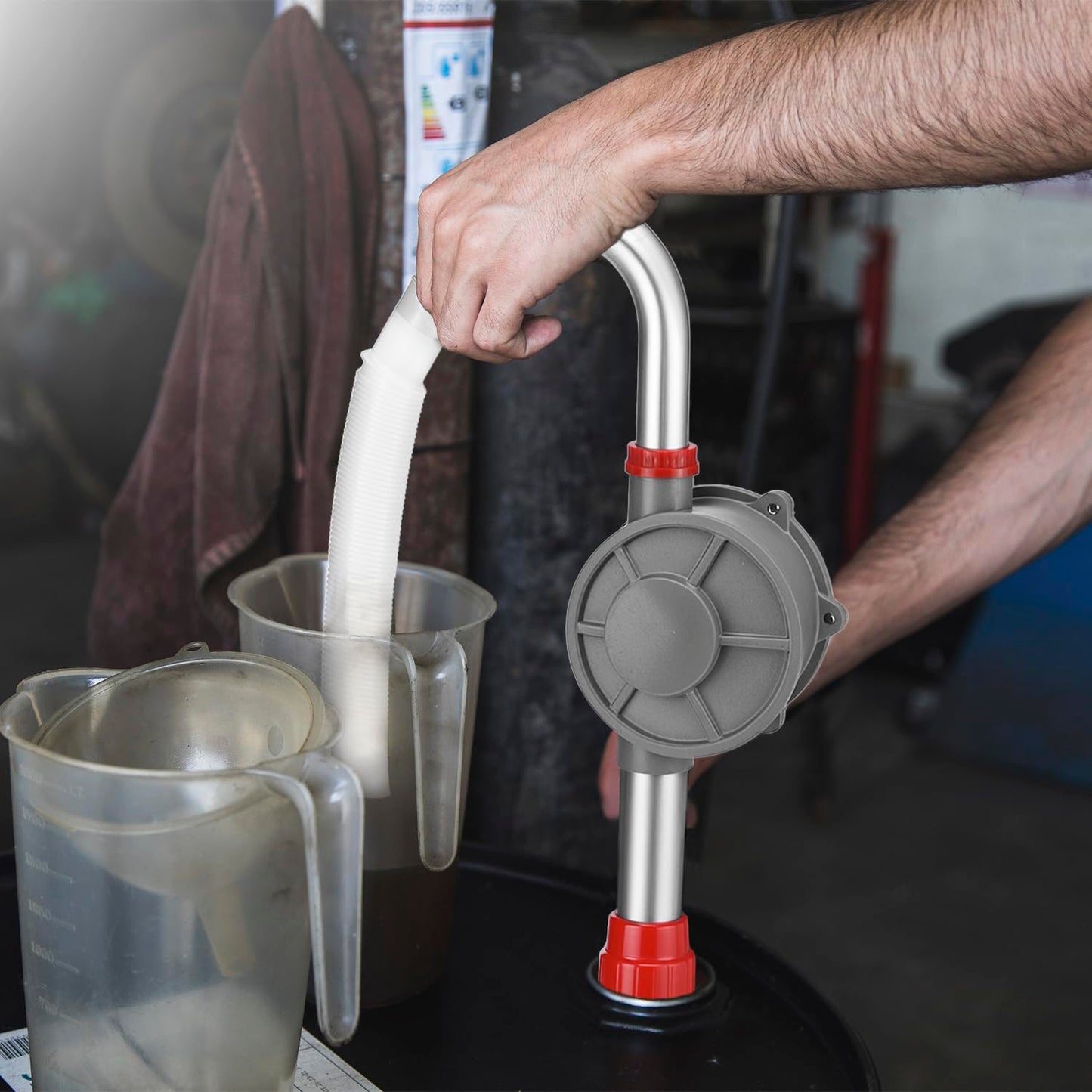 QWORK Aluminum Drum Rotary Hand Pump, Barrel Pump Hand Crank Oil Gas Barrel Drum Pump Rotary Oil Fuel for 5, 15, 30, 55 gal