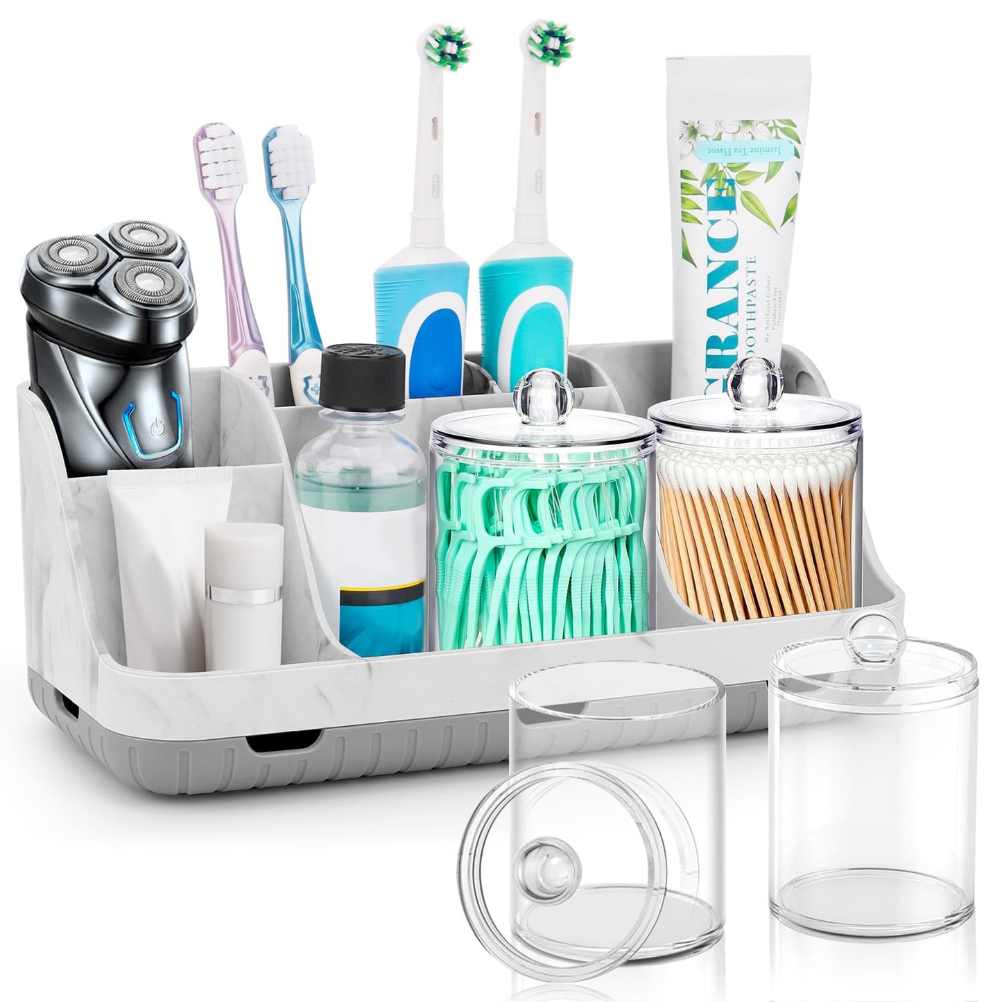Bathroom Toothbrush Holder Set with 2 Pack Qtip Holder Dispenser - Detachable 7 Slots Bathroom Accessory Set, Kids Marble Bathroom Sink Counter Set, Bathroom Essentials Decor, Grey