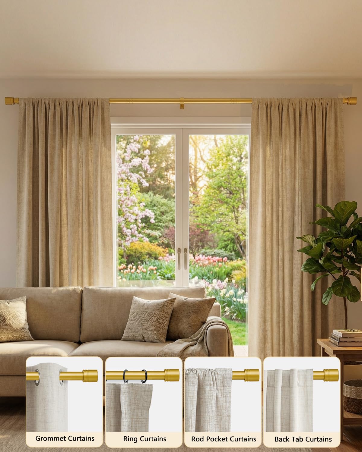 ASULUPHY Gold Curtain Rod, 1 Inch Diameter Heavy Duty Curtain Rods for Window 32-116 in, Extra Long Curtain pole with Thicker Brackets, Curtain Rod for Sliding Doors, Living Room, Bedroom, Patio