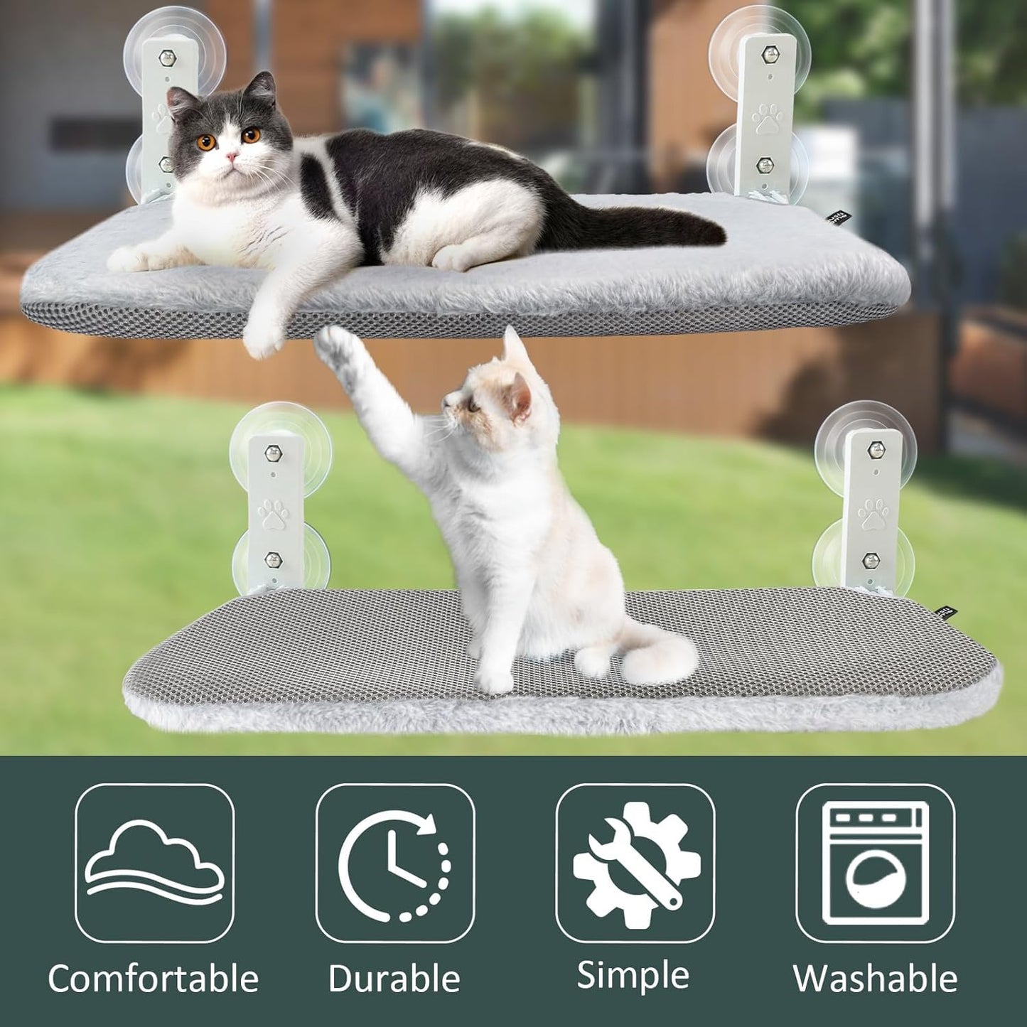 Sunhoo 2PCS Cat Window Hammock Perch Cordless Kitty Seat Bed Foldable Windowsill Ledge Shelves Sturdy Suction Cup for Large Indoor Cats Kitten 20.5 * 11.8in Hold 55lbs Lit Pour Chat (Light Gray, M)