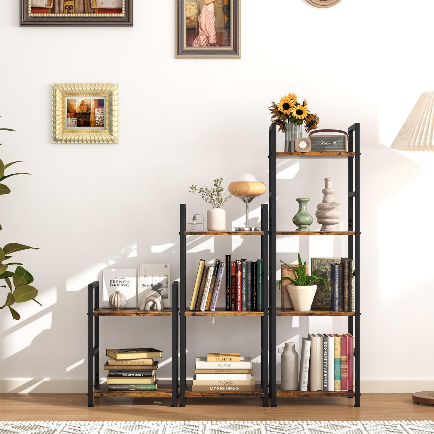 Katrawu 4 Tier Bookshelf, Small Book Shelf Industrial Bookcase, Metal Narrow Book Case Book Storage Organizer,Bookshelves for Bedroom Office Living Room(4 Tier,Rustic Brown)