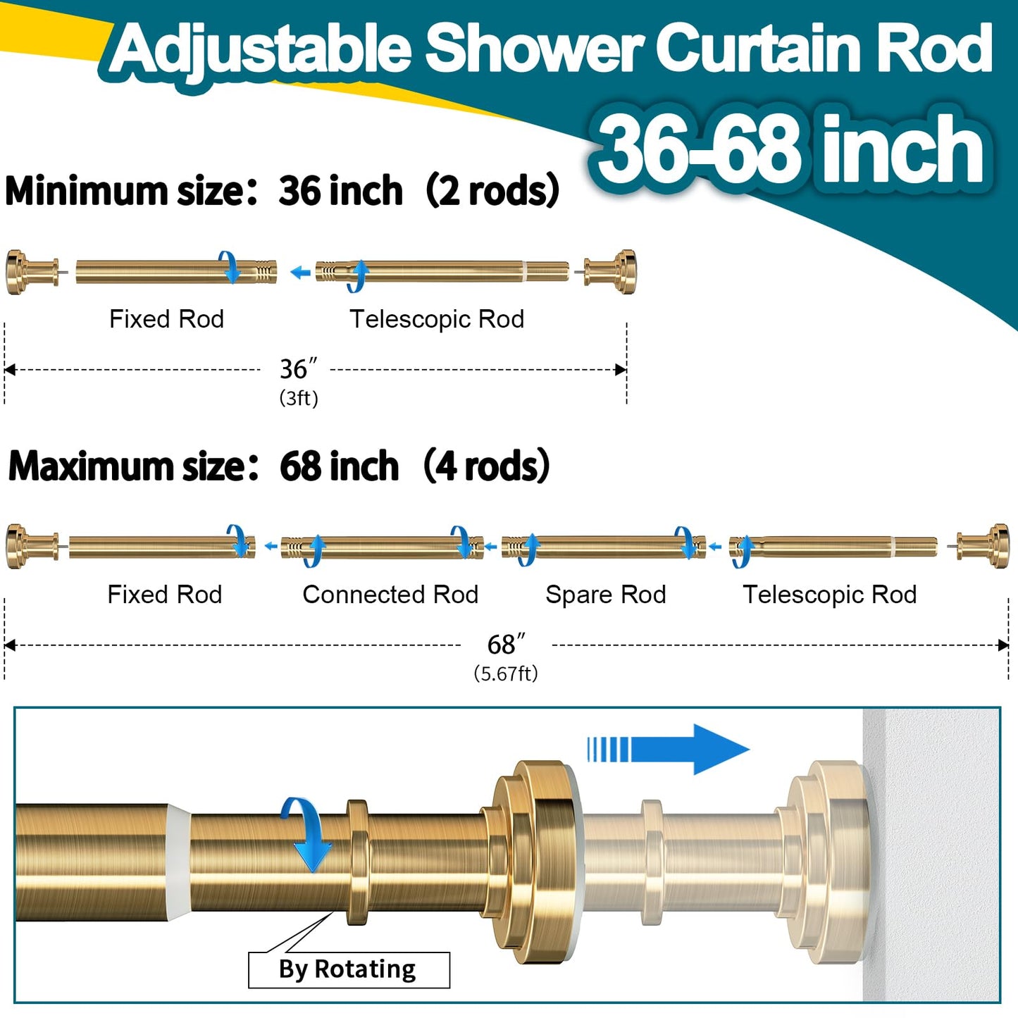 ZYRW Gold Shower Curtain Rod 36-68 Inch(3-5.6ft) Never Rust No Drilling Spring Tension Shower Rod, Adjustable Curtain Rod for Bathroom Window Closet