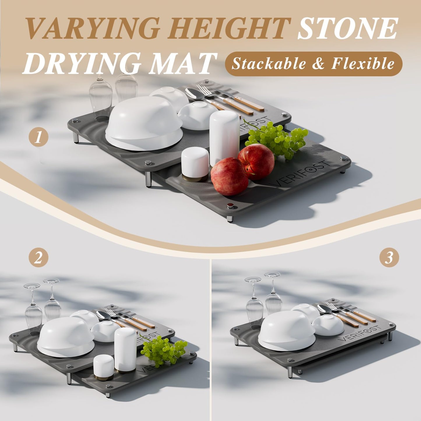 VERIFOST 2025 2PCs Large Drying Stone for Kitchen Counter, Stone Drying Mat for Kitchen Counter, Quick Drying Matt Kitchen Counter, Diatomaceous Earth Dish Mat with Non-Slip Feet Midnight Gray