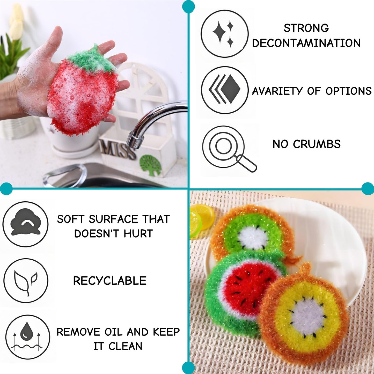 Acshio 16 Pieces Fruit Dish Scrubber, Non Scratch Dish Washing Sponge, Double Layer Reusable Kitchen Scrubber Cleaning Sponge for Dishwashing, Cleaning Dishes, Cookware Tubs Sinks