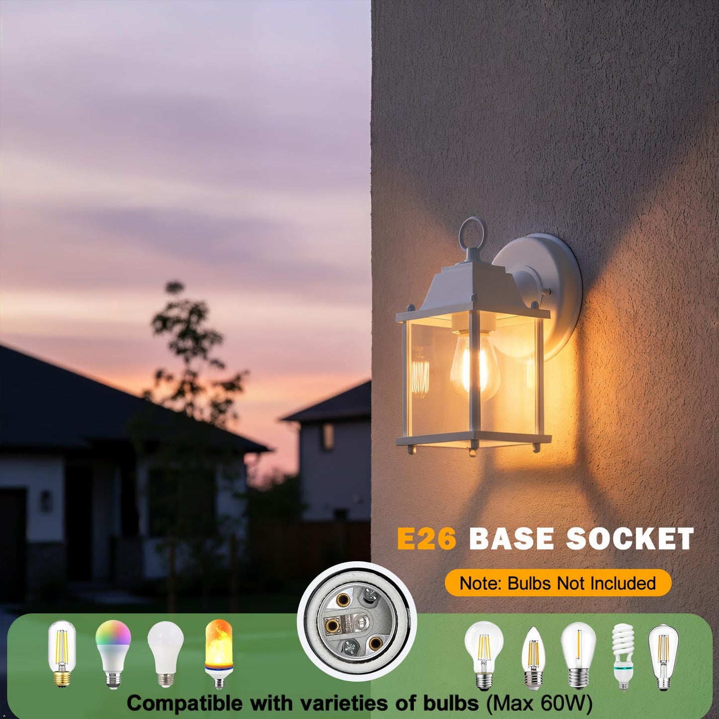 LIT-Path Outdoor Wall Lantern, Wall Sconce as Porch Lighting Fixture, E26 Base, Aluminum Housing Plus Glass, Water-Proof and Outdoor Rated, ETL Qualified, 2-Pack, White