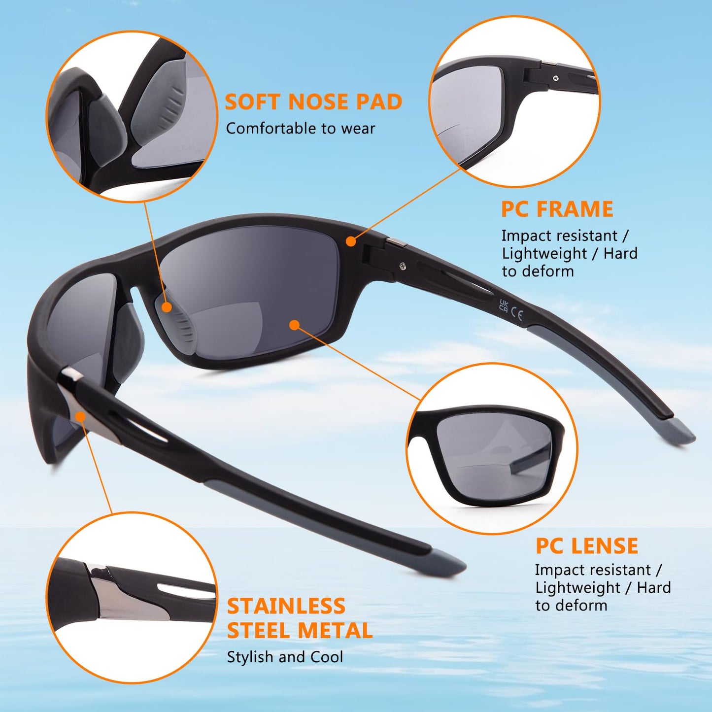 DEHOTRE 2 Pack Bifocal Reading Sunglasses Men Wrap Around Sports Sun Readers Outdoor Clear Top Soft Nose Pads PC Frame UV400 Black & Grey 2.75