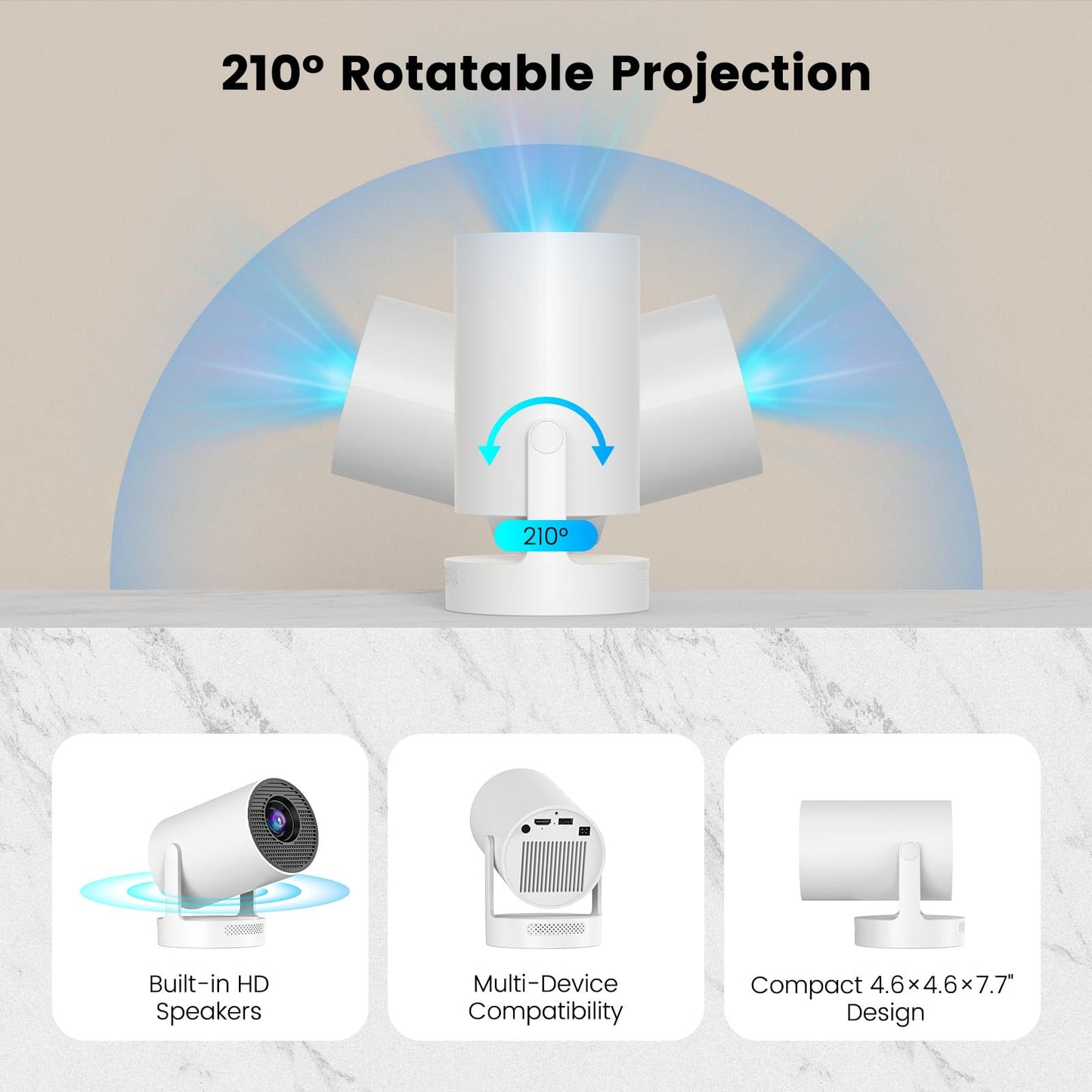 Mini Portable Projector with 4K Support, Video Projector with WiFi6 and Bluetooth5.4, 5watt Sound Base Speaker, 260 ANSI, Android 11, 210° Rotation, Auto Keystone Smart Projector, HY300 Plus