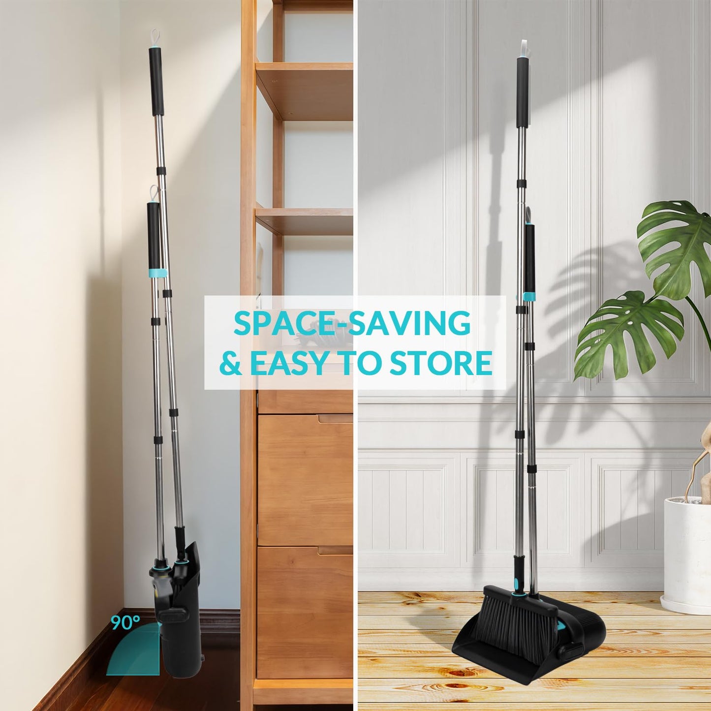 Broom and Dust Pan 61” Long Handle Broom and Dustpan Set with 180° Rotatable Broom Head for Home Office Kitchen Lobby Cleaning Upright Standing Broom and Dustpan