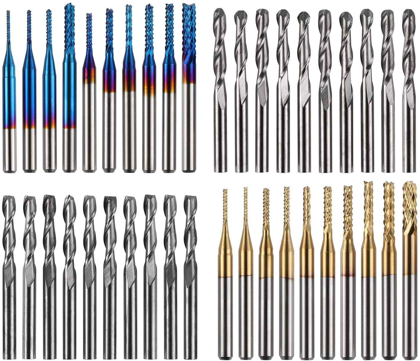 40pcs End Mills CNC Router Bits, 1/8" Shank, 6.35mm Cutting Diameter, 2-Flute Ball Nose End Mill, Titanium Coat, MC40A