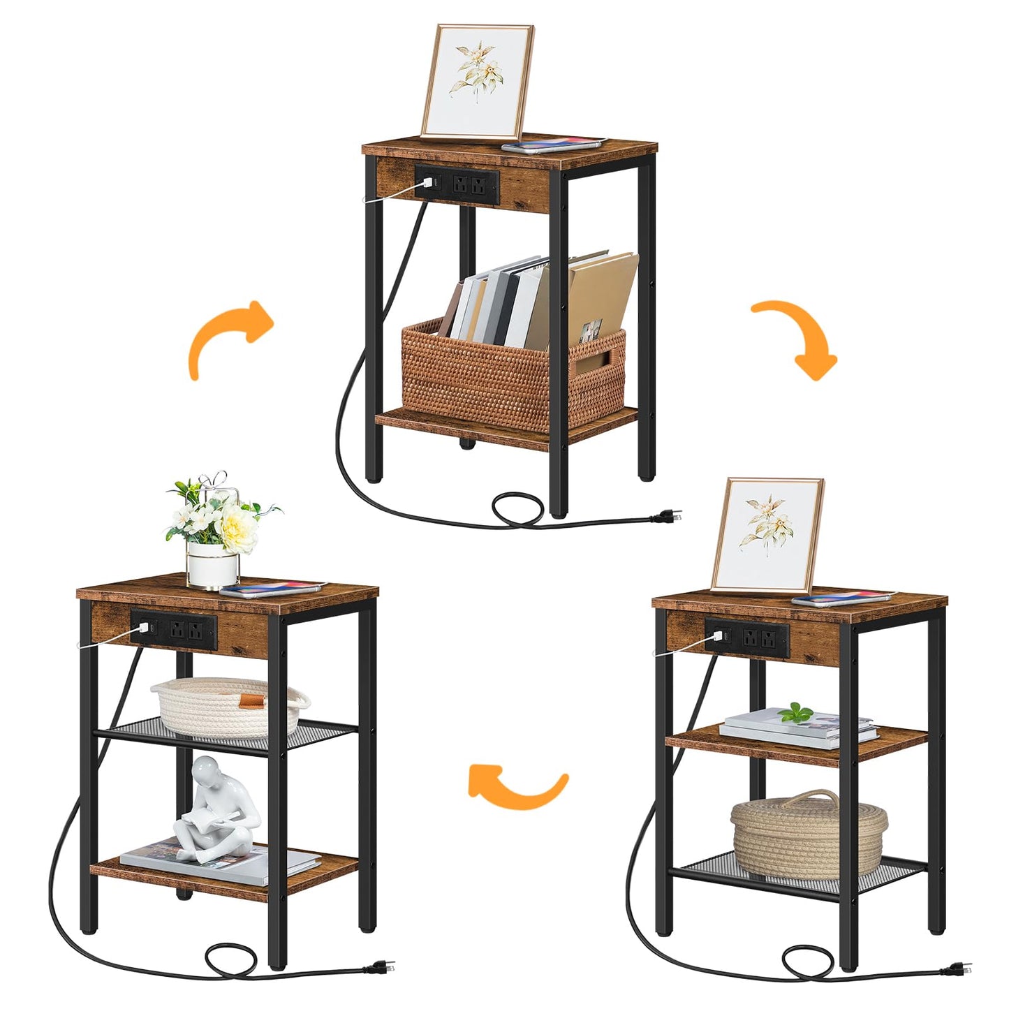 HOOBRO End Table with Charging Station and USB Ports, 3-Tier Nightstand with Adjustable Shelf, Narrow Side Table for Small Space in Living Room, Bedroom and Balcony, Rustic Brown BF112BZ01