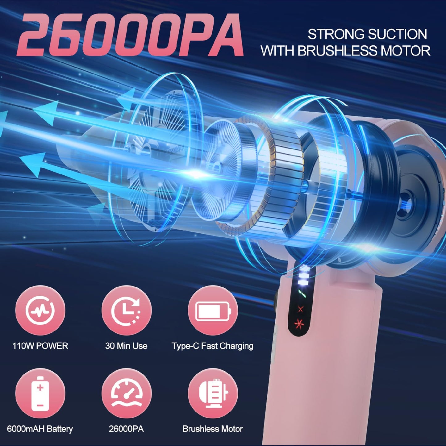 Car Vacuum Cleaner Cordless Handheld Small Vacuum Cleaners 26000PA Powerful Portable USB 3 Modes Mini Vacuum for Home Office car pet Kitchen