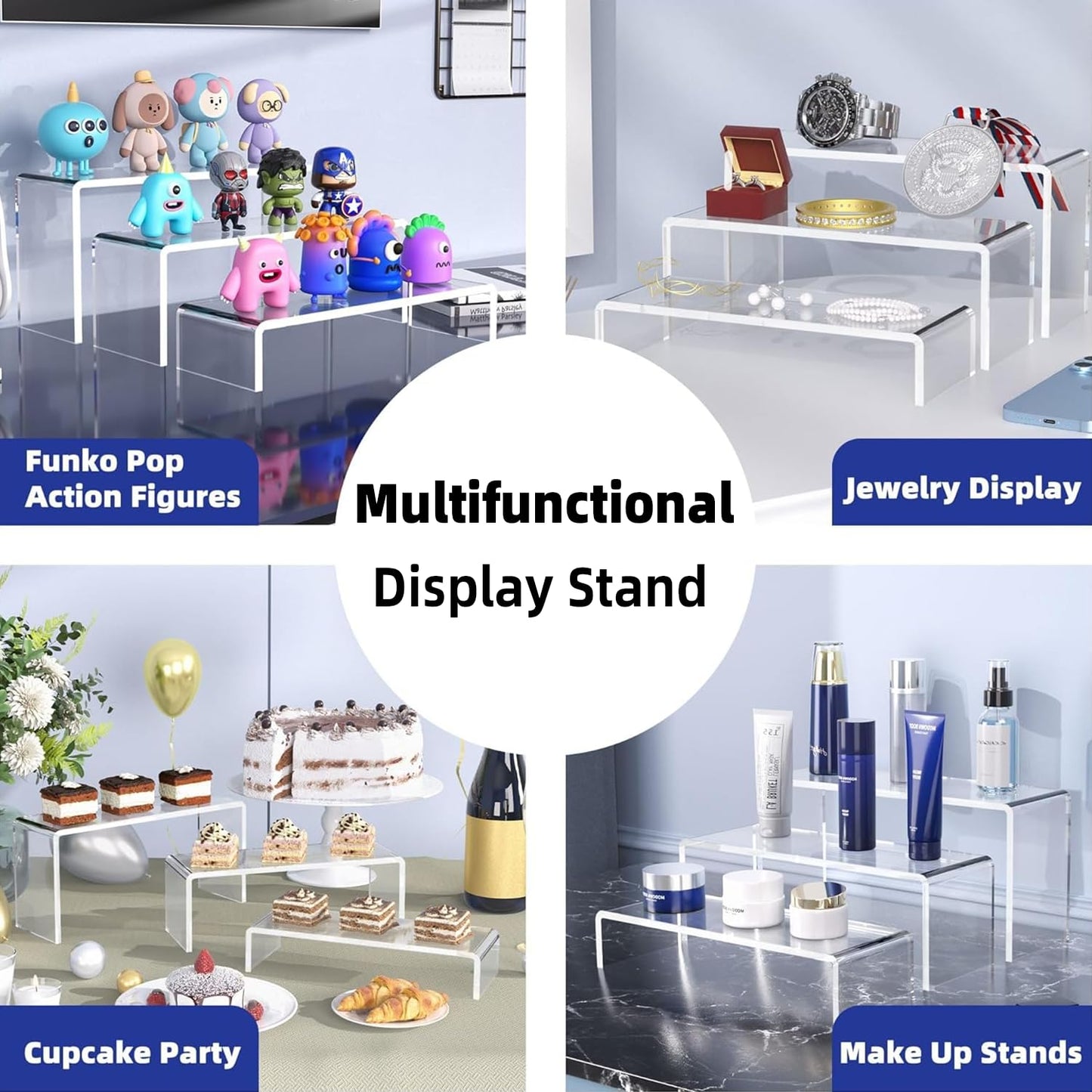 Goabroa 12 Pcs Clear Risers Display Stands, 3 Tiers 4mm Thick Transparent Display Risers Ideal for Collectibles Stand, Party Cake Dessert Holder, Floating Visual Display Shelves