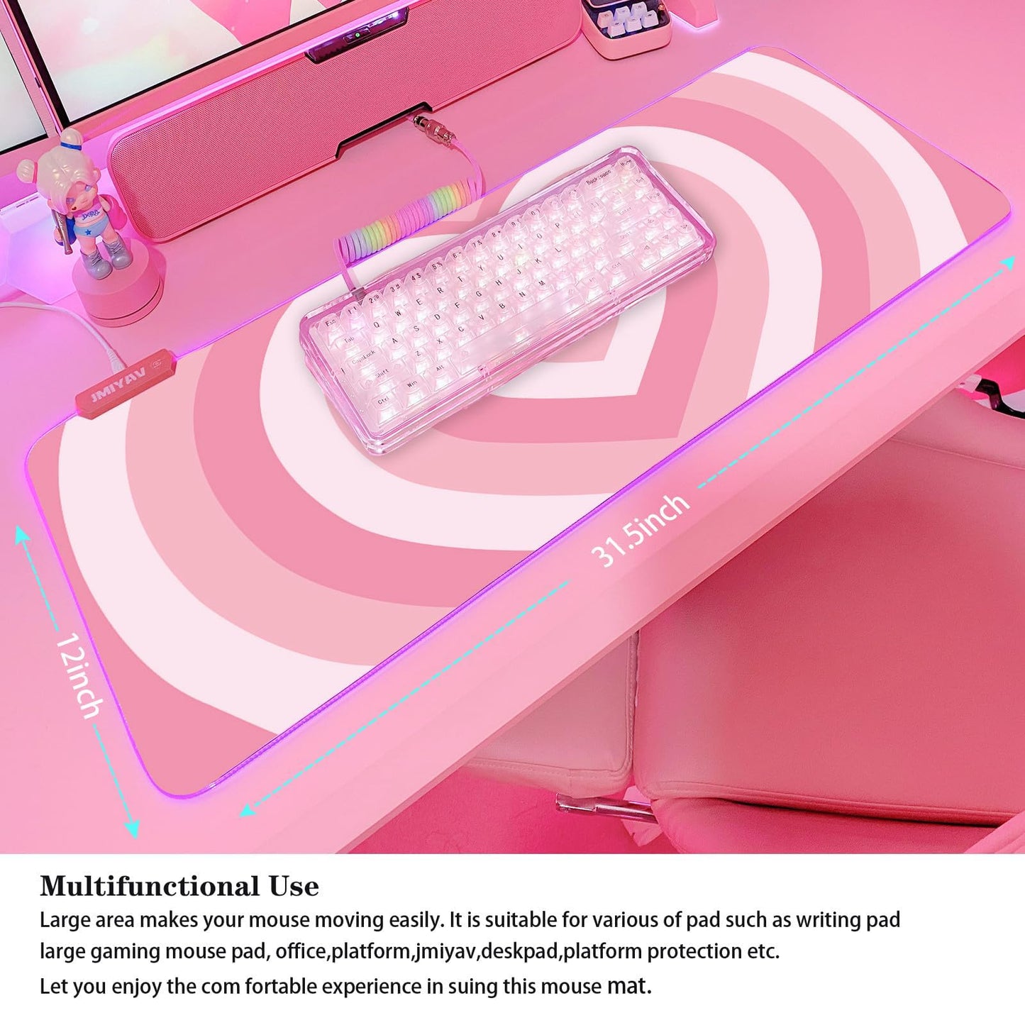 JMIYAV Pink RGB Gaming Mouse Pad 31.5x12 Inch PC XL Large Extended Glowing Led Light Up Desk Pad Non-Slip Rubber Jmiyav Base Computer Mouse Pad Cute Mousepad Mat 31.5x12 Inch Love