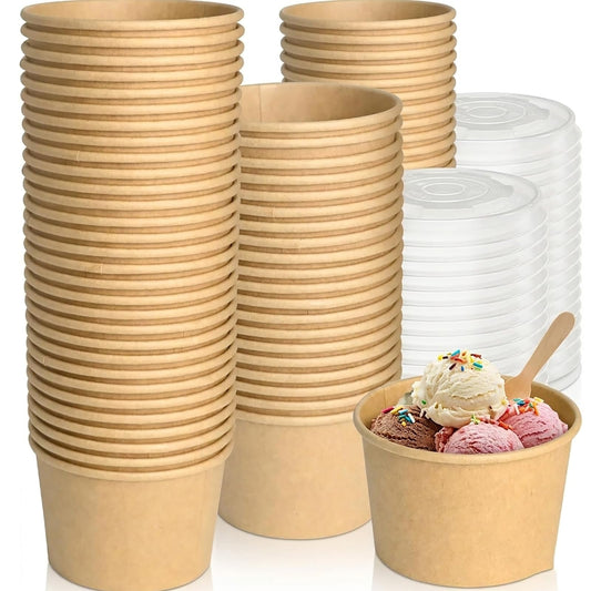 100 Pcs Ice Cream Containers with Clear Lids, 8oz Leak-Proof Kraft Paper Hot Soup Bowls, Microwave & Freezer Safe Disposable to-Go Food Containers for Catering, Parties, & Meal Prep
