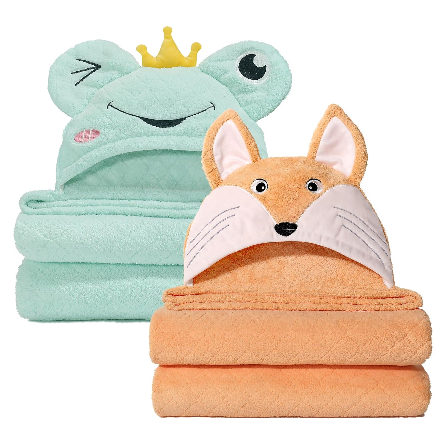WODHOY Toddler Bath Towel Hooded Towels for Kids 0-5 Years, 2-Pack Thick Absorbent Large 50"x 32" Coral Fleece Baby Towels with Hood Aniaml for Children,Shower,Beach, Green & Orange Set
