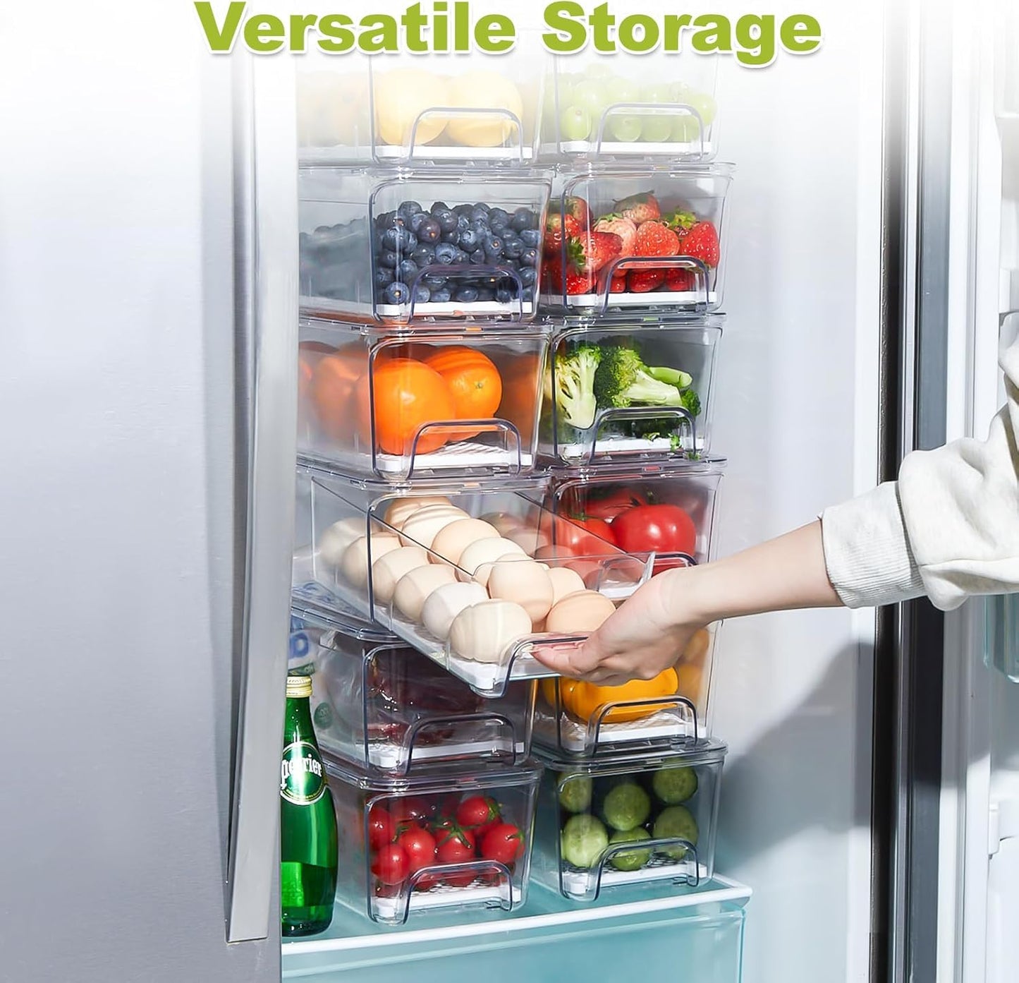 Brippo 4-Pack Refrigerator Drawer Organizer Bins, Clear Stackable Pull Out Fridge Organizers and Storage Container, Fridge Drawers with Strainer Layer for Fruits, Vegetables and Drinks