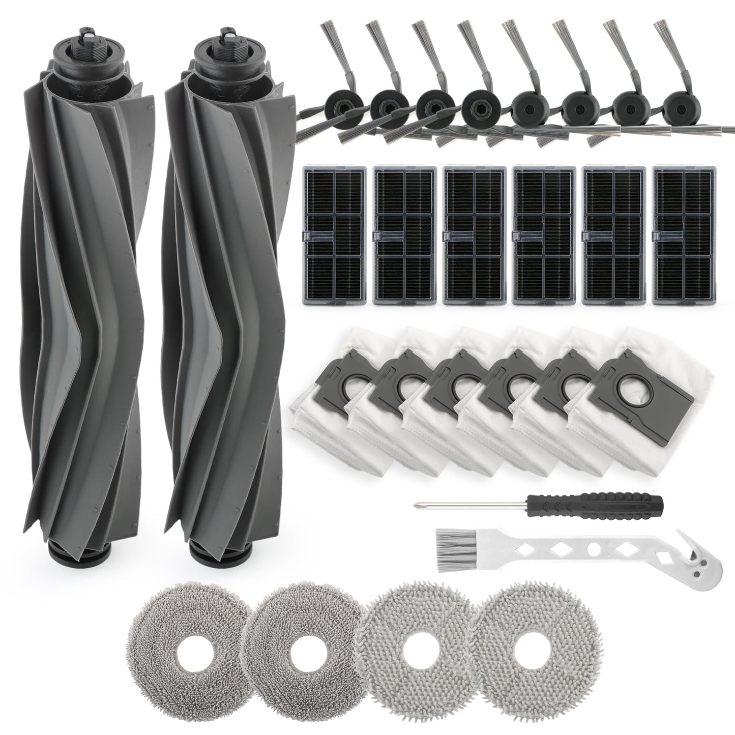 28Pack Dust Bag Replacement Accessories for MOVA P10 Pro Ultra Vacuum Cleaner 2 Main Brushes 8 Side Brushes 6 Hepa Filters 6 Dust Bags 4 Mop Pads 1 Cleaning Brush 1 Screwdriver