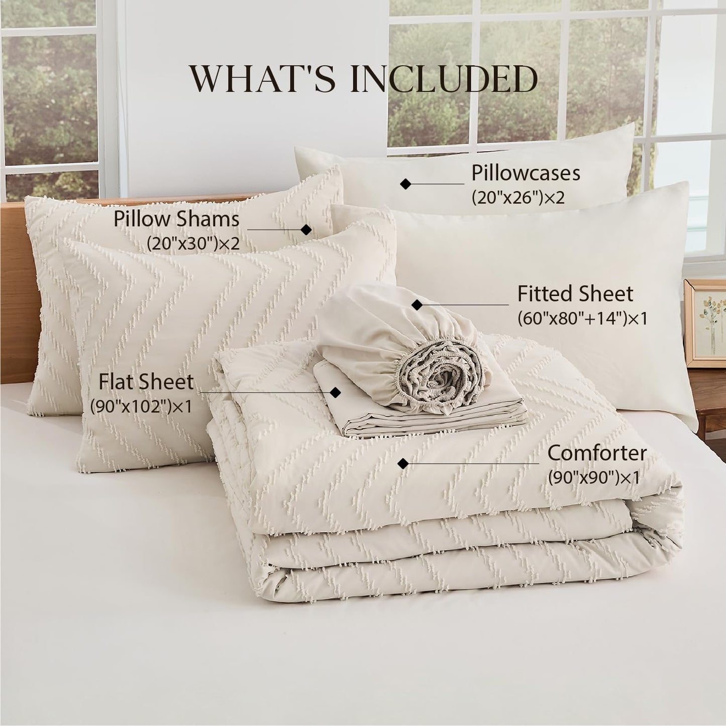 Andency Comforter Queen Size with Sheets Beige，7 Pieces Bed in a Bag Queen Cream Chevron Boho Soft Warm Tufted Neutral Bedding Sets with Comforter, Sheets, Pillowcases & Shams