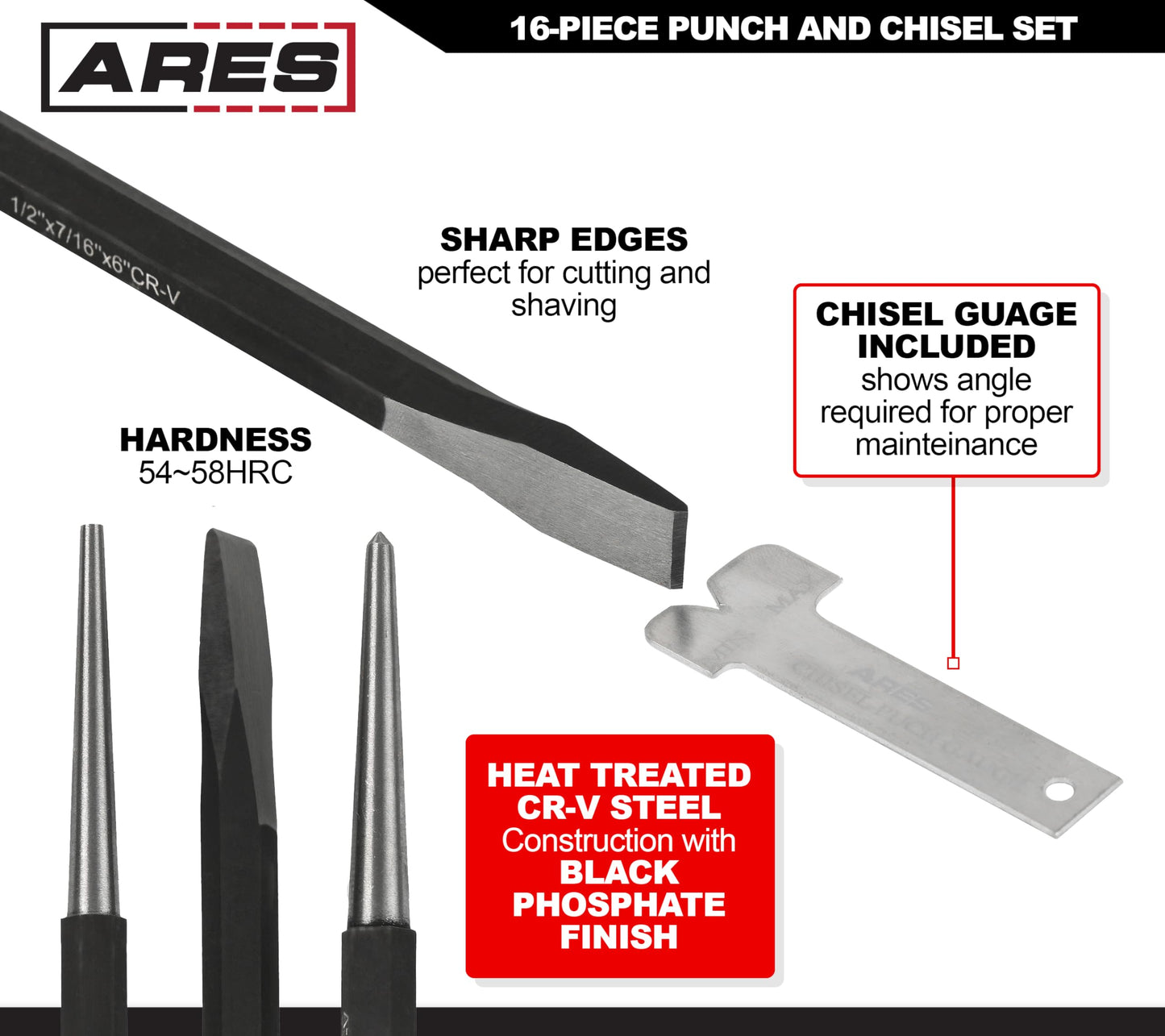 ARES 50005-16-Piece Punch and Chisel Set - Tapered, Pin, Center Punches & Cold Chisels for Various Applications