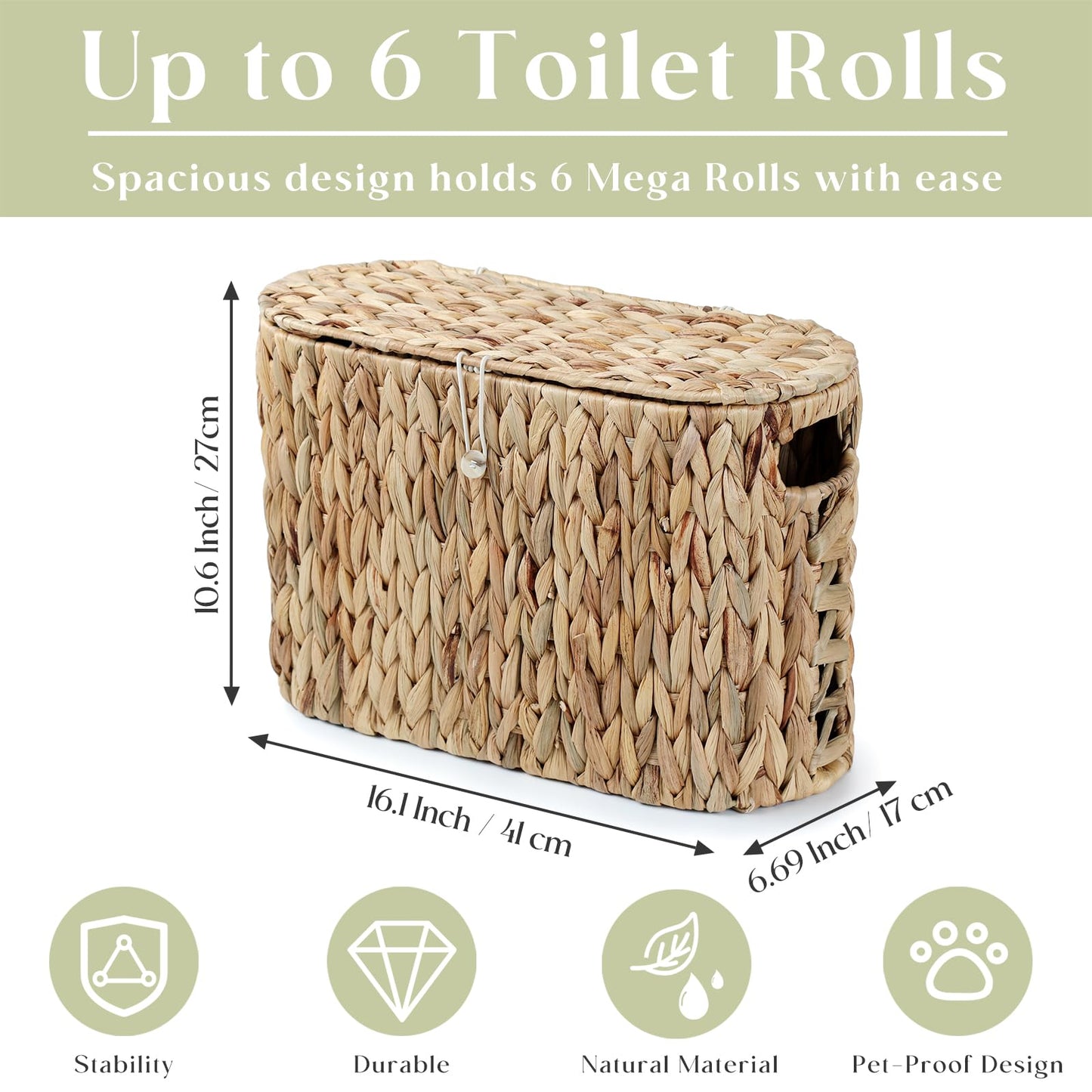 YANGQIHOME Toilet Paper Storage, Water Hyacinth Toilet Paper Storage with Lid, Papers Container for up to 6 Mega Rolls, Bathroom Basket Organizer