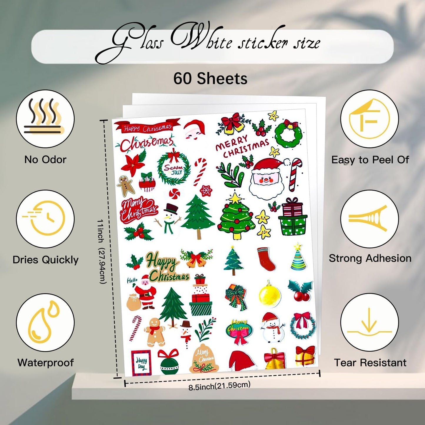 Printable Vinyl Sticker Paper for Inkjet Printer-60 Sheets Glossy White 8.5" x 11" Waterproof Labels Paper, Dries Quickly, Vivid Colors, Tear Resistant, DIY Christmas Stickers